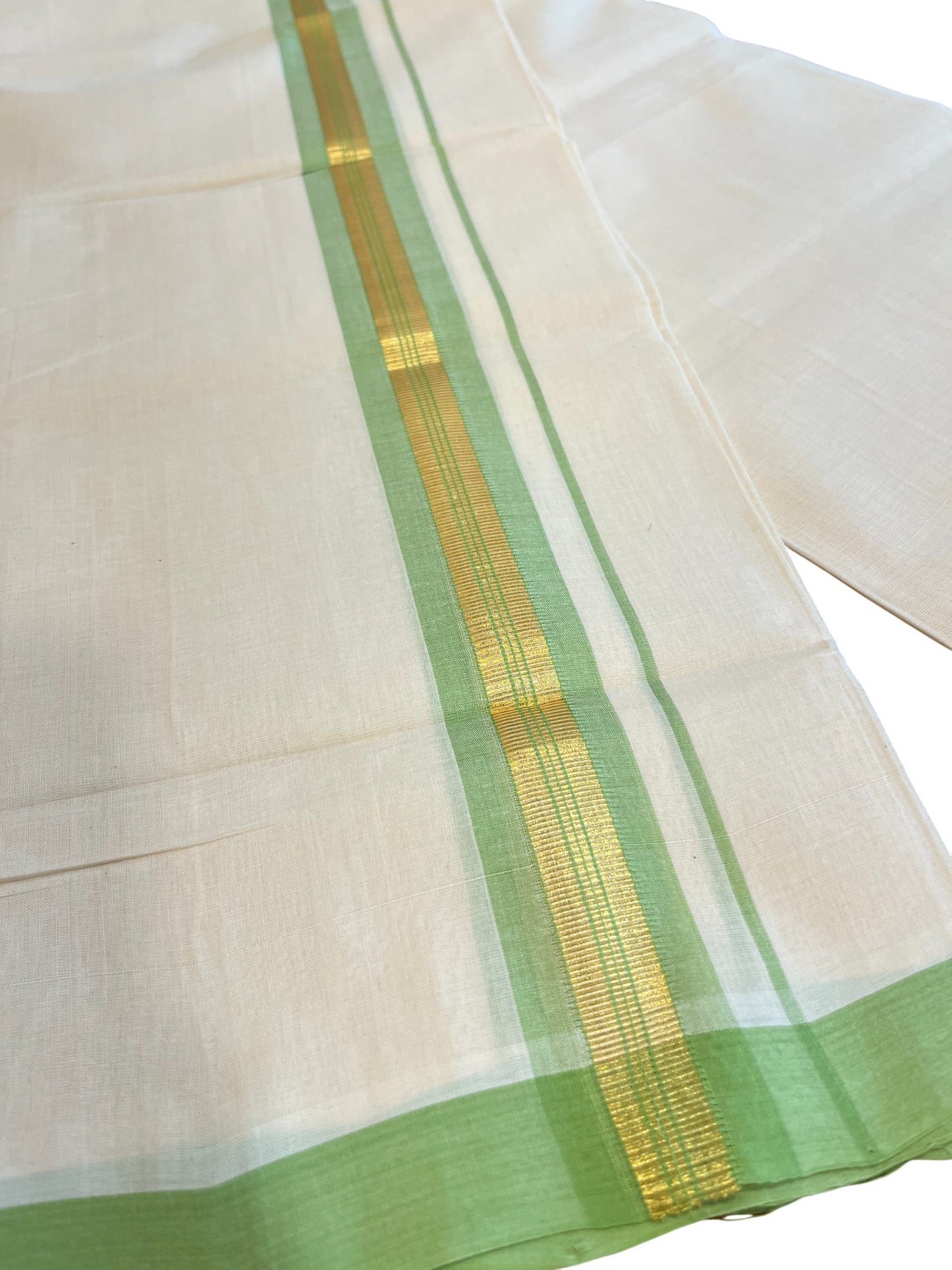 Southloom Premium Handloom Cotton Double Mundu with Gold and Green Border