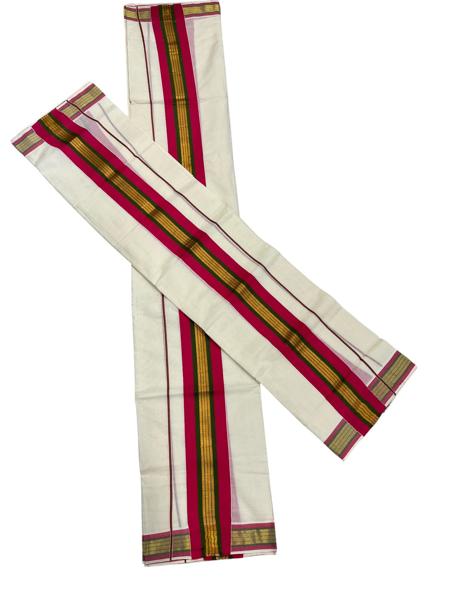 Kerala Cotton Kasavu Set Mundu (Mundum Neriyathum) with Magenta and Green Border 2.80 Mtrs