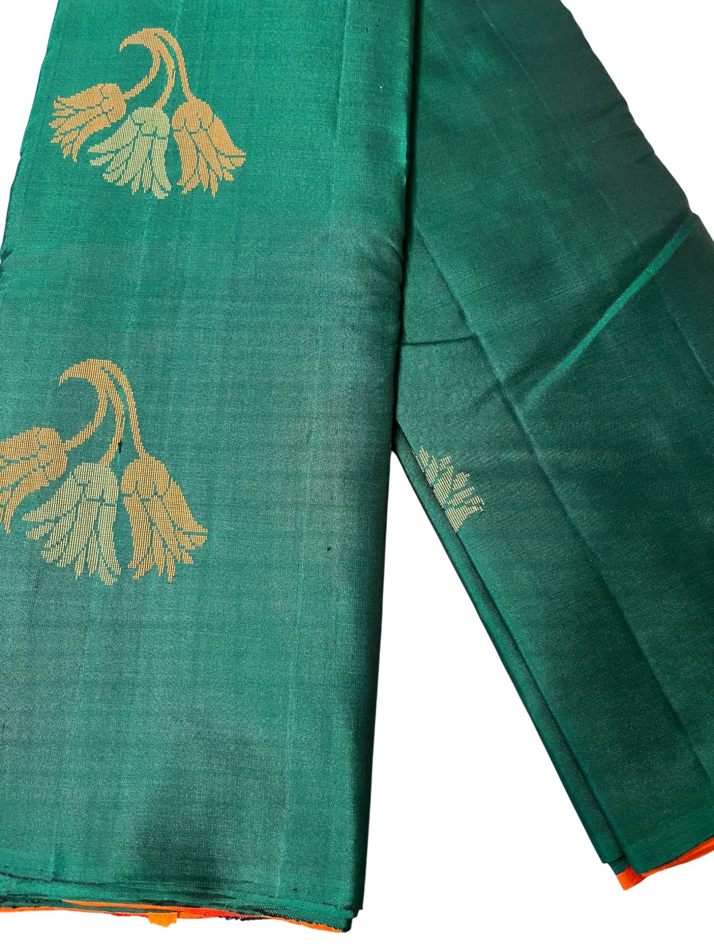 Southloom Pure Handloom Bridal Kanchipuram Silk Saree with Korvai Work (Green & Orange)