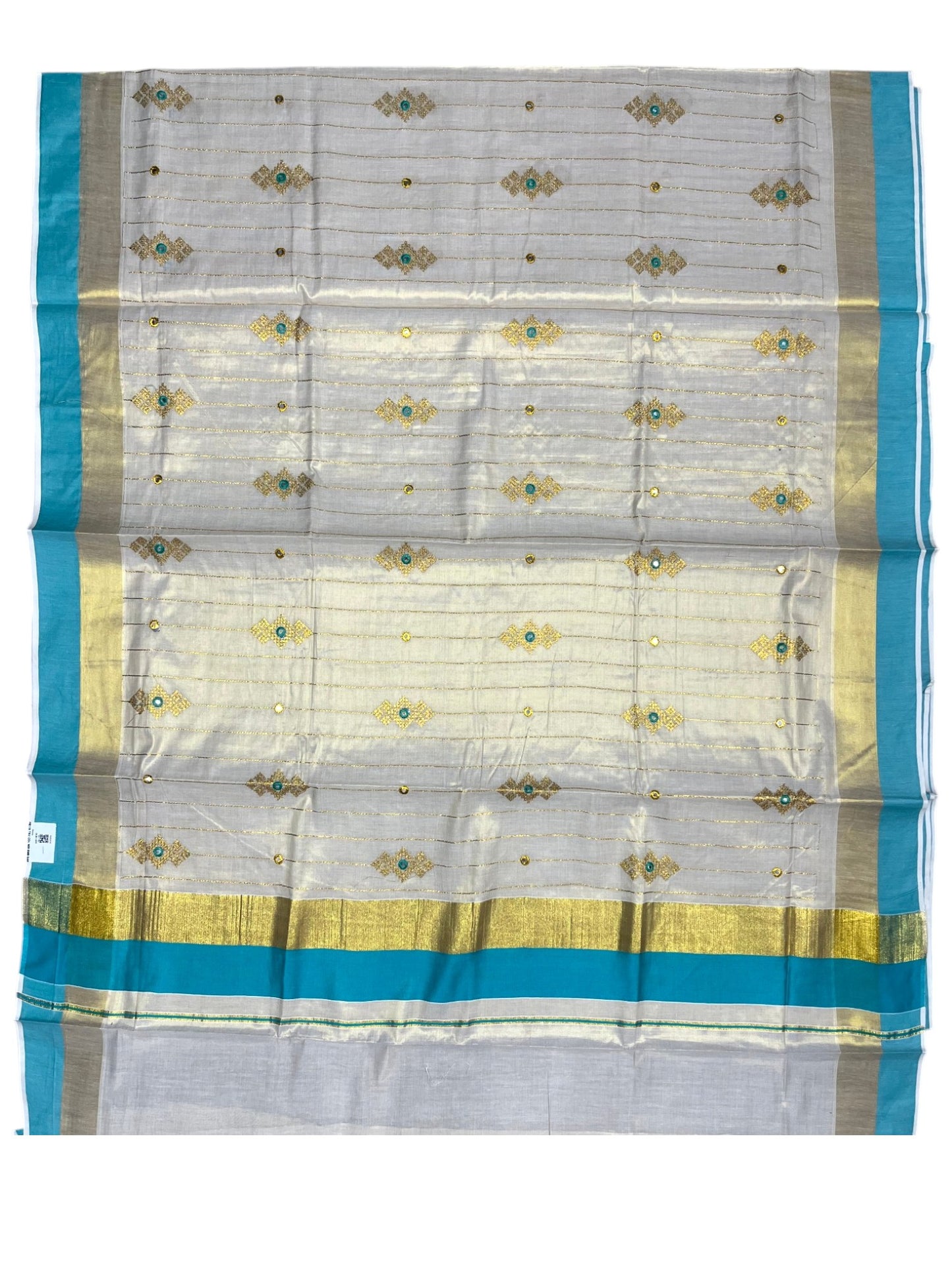 Southloom Kerala Tissue Kasavu Lines Saree with Golden And Turquoise Embroidery Works