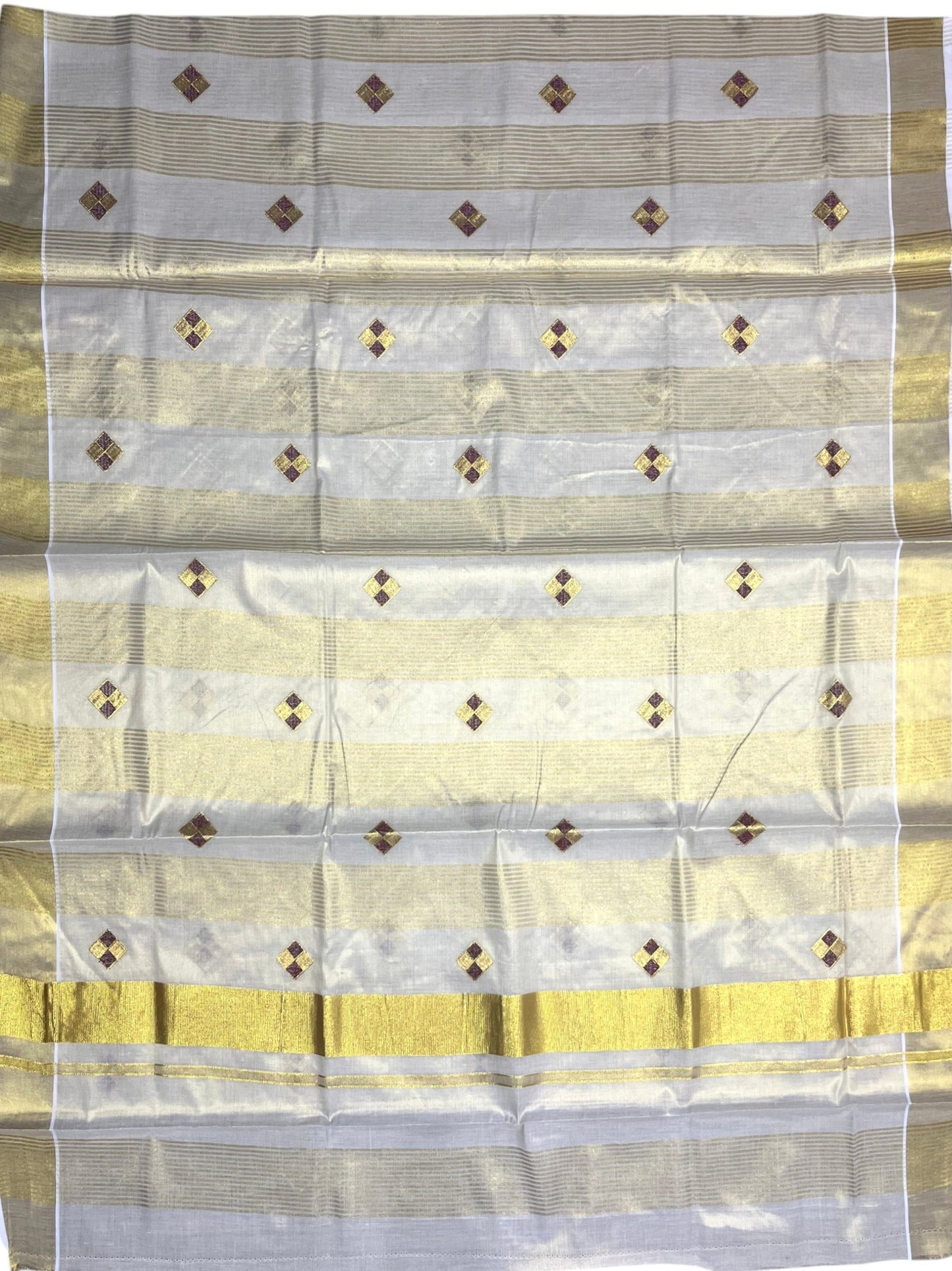 Southloom Kerala Tissue Kasavu Striped Saree with  Diagonal Woven Designs in Maroon And Gold Body Work