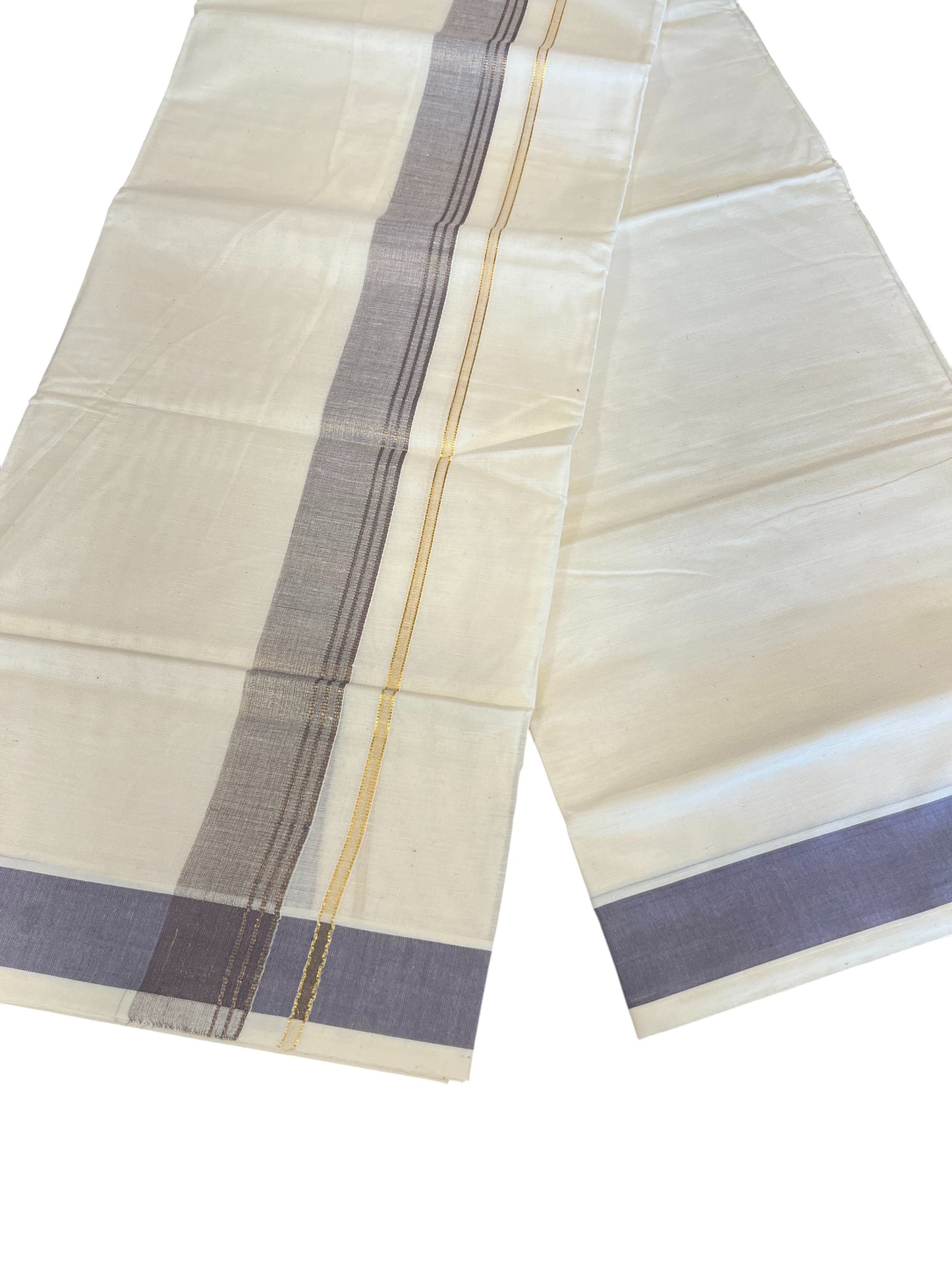 Southloom Pure Cotton Mundu with Gray Lines and Gray Border (South Indian Kerala Dhoti)