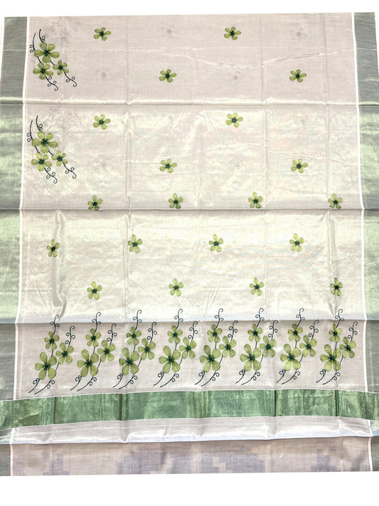 Southloom Kerala Tissue Kasavu Saree with Green Floral Embroidery on Body and Border