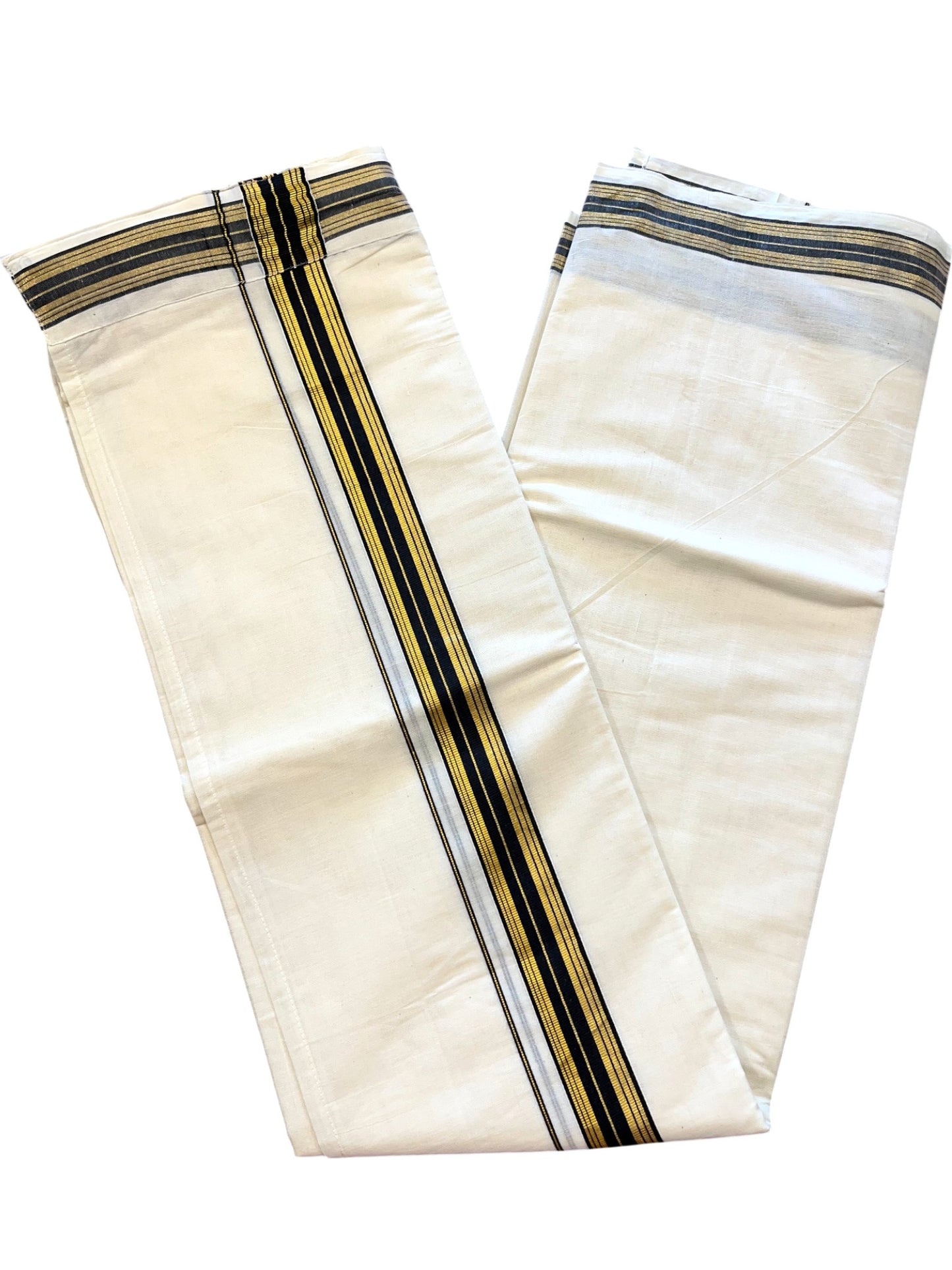 Southloom Off White Pure Cotton VELCRO Single Mundu with Gold Kasavu and Black Border (South Indian Kerala Dhoti)