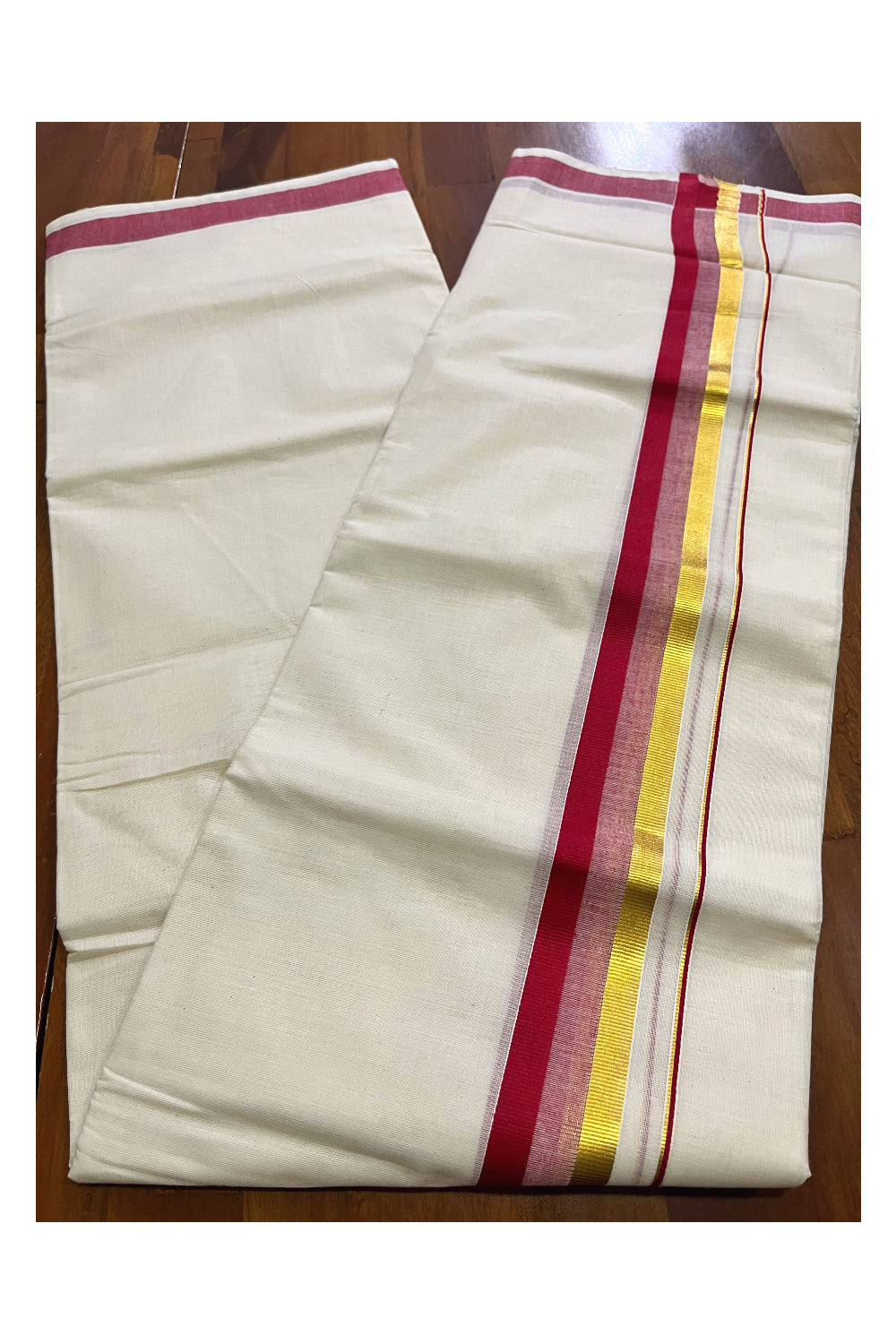 Off White Kerala Cotton Double Mundu with Kasavu and Red Border (South Indian Kerala Dhoti)