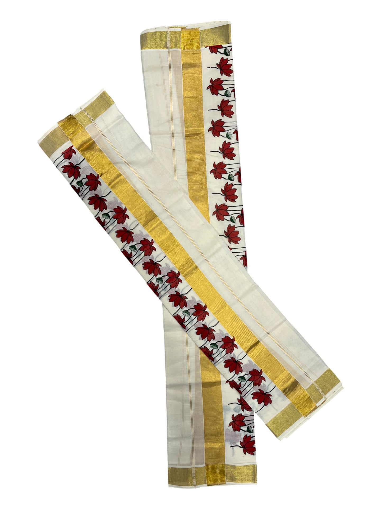 Southloom Kerala Cotton  Set Mundu (Mundum Neriyathum) with Maroon Floral Block Printed Design 2.80Mtrs