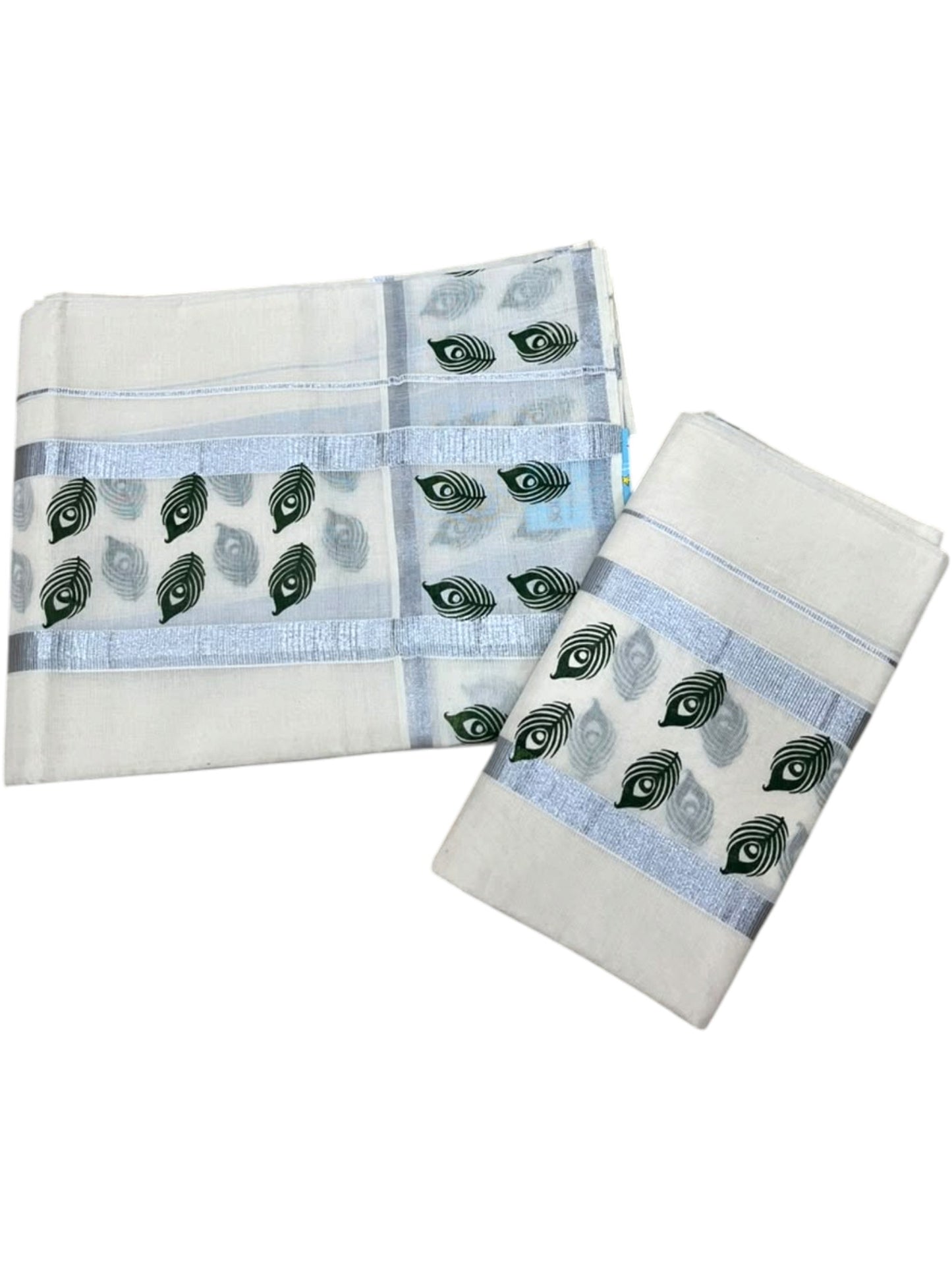 Southloom Pure Cotton Kerala Single Set Mundu (Mundum Neriyathum) with Green Printed And Silver Border 2.80 Mtrs
