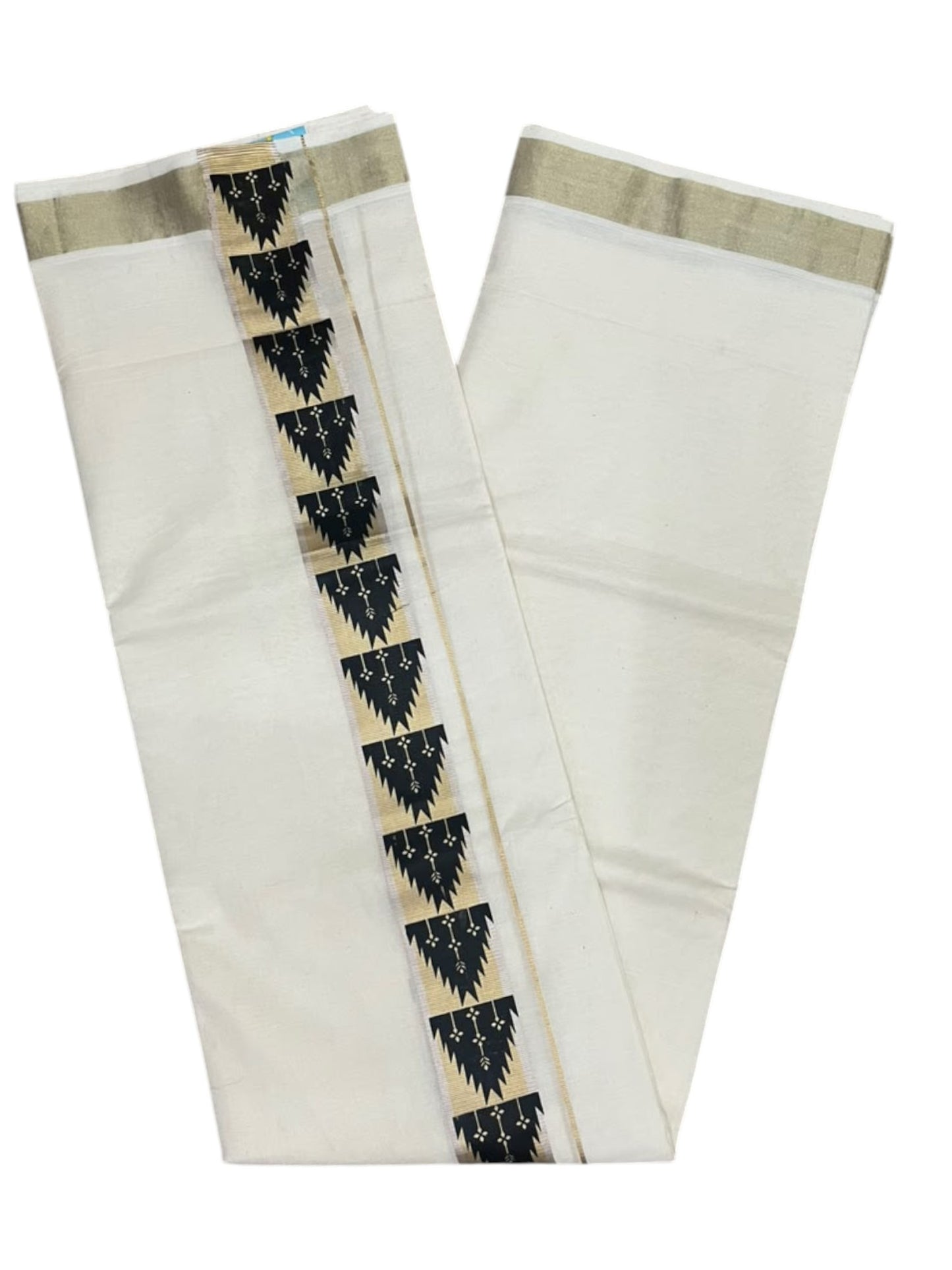 southloom Pure Cotton Double Mundu with Block Prints on Black Border (South Indian Dhoti)SL613