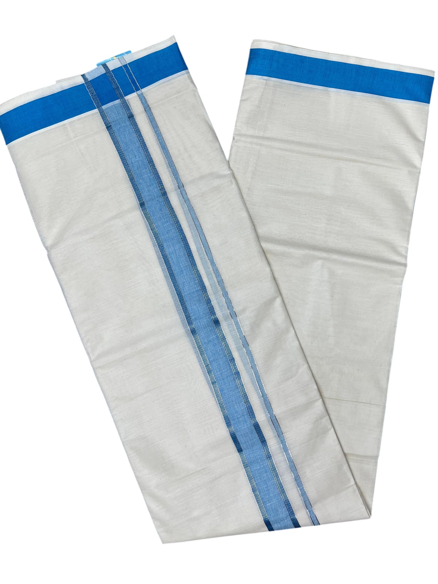 Southloom Kerala Pure Cotton Double Mundu with Silver Lines and Blue Border with (South Indian Dhoti)