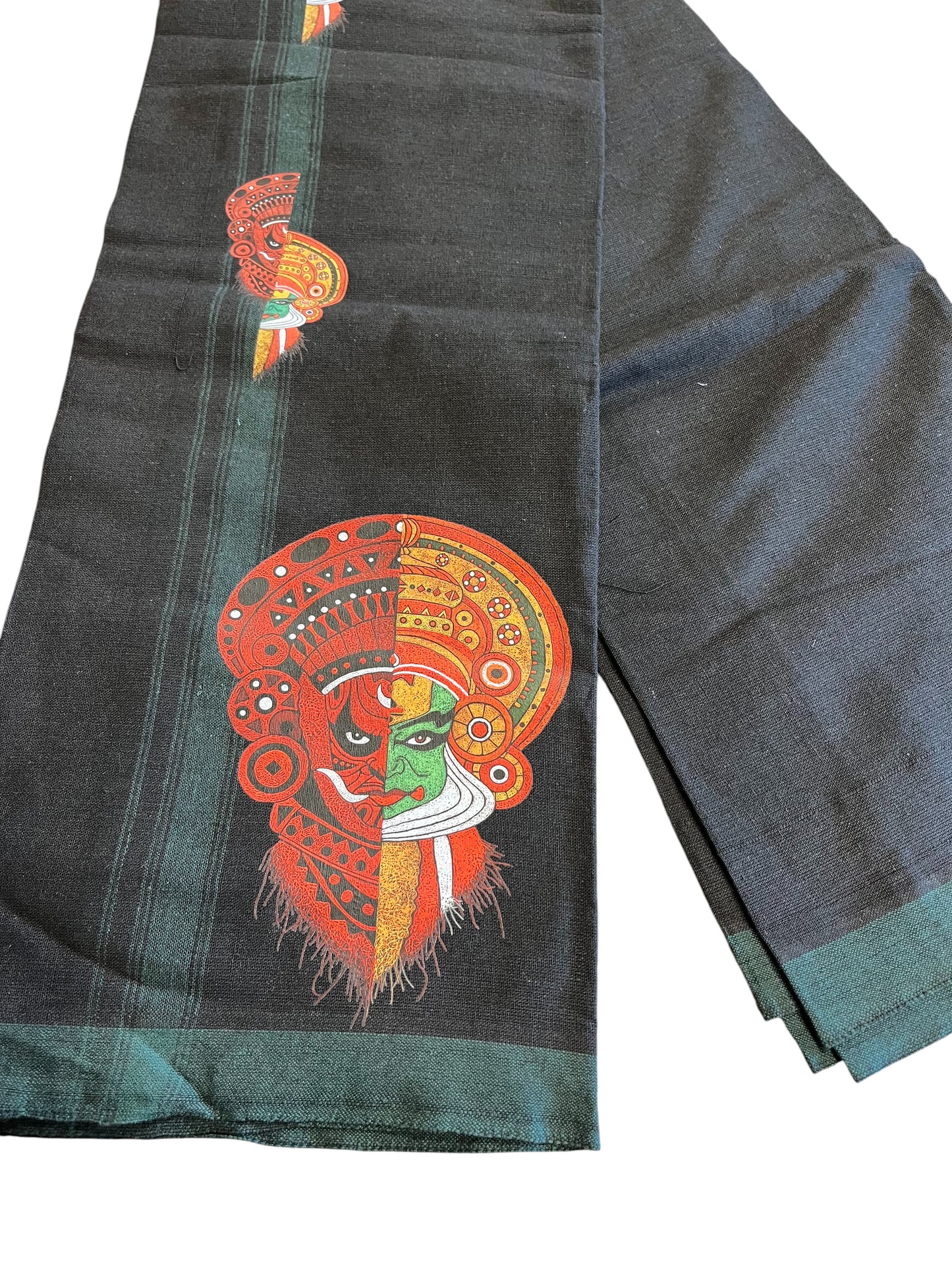 Southloom Black Printed Kathakali & Theyyam Single Mundu / Otta Mundu  (South Indian Kerala Dhoti)