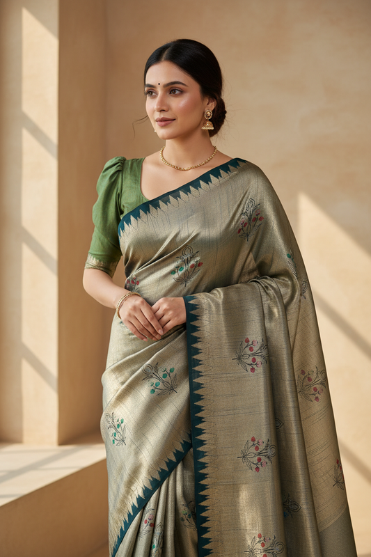 Southloom Banarasi Silk Saree with Woven Work on Body and Borders (Green)