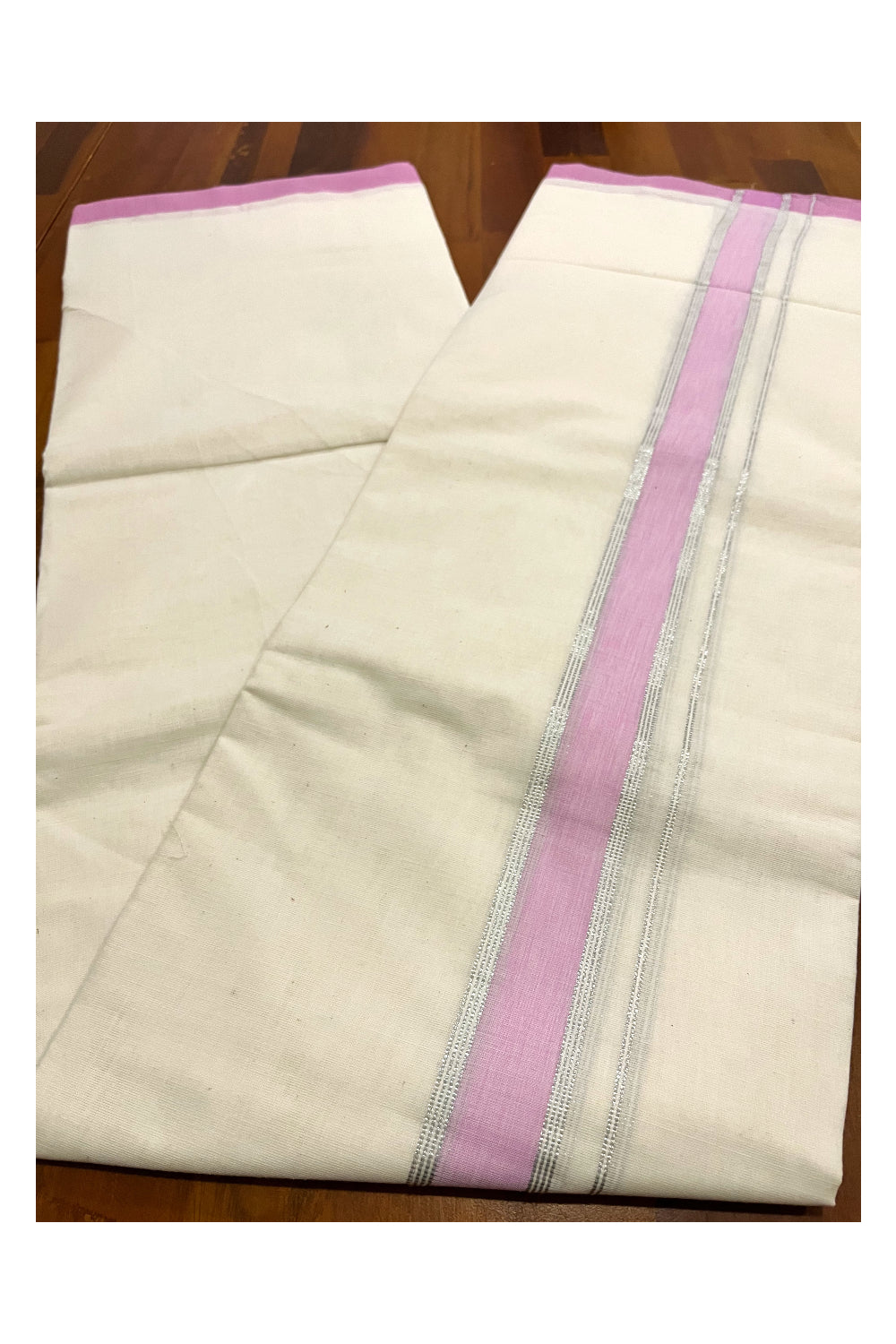 Cotton Double Mundu with Pink and Silver Kasavu Kara (South Indian Kerala Dhoti)