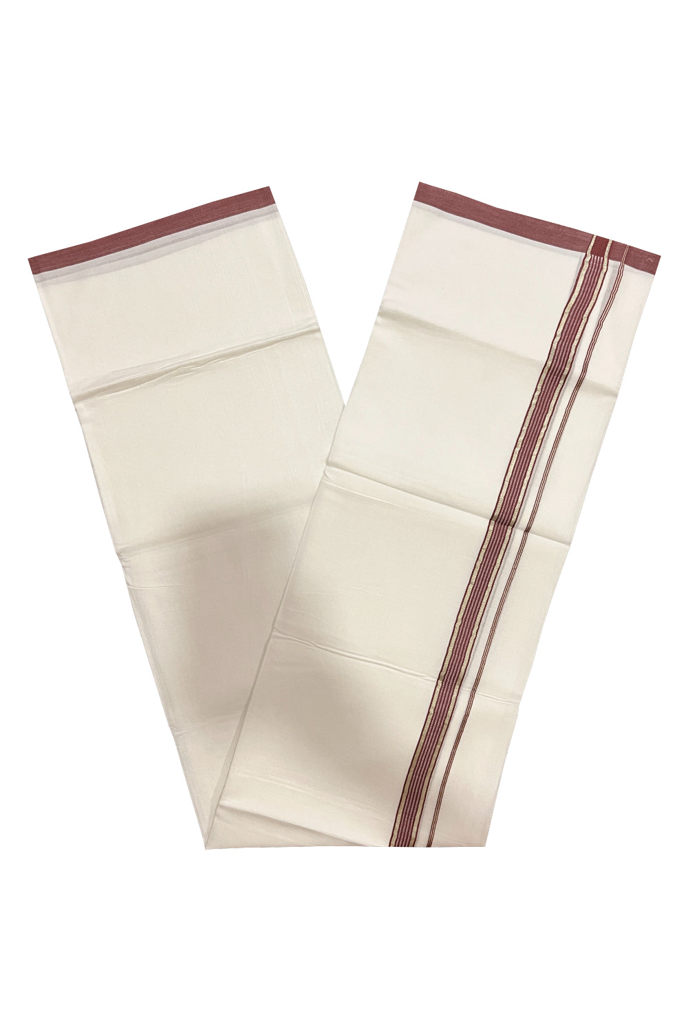 Pure White Kerala Double Mundu with Silver Kasavu and Maroon Kara (South Indian Kerala Dhoti)