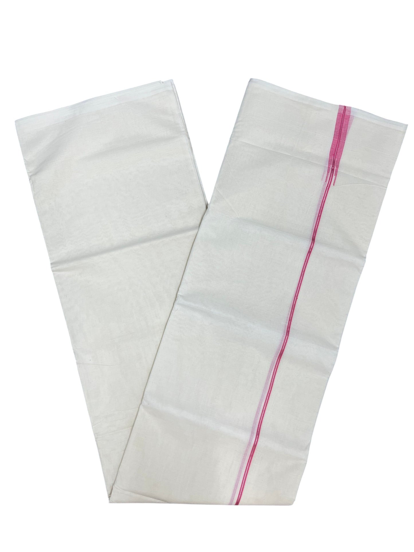 Kerala Pure Cotton Double Mundu with Silver And Pink Chutti Kara (South Indian Kerala Dhoti)