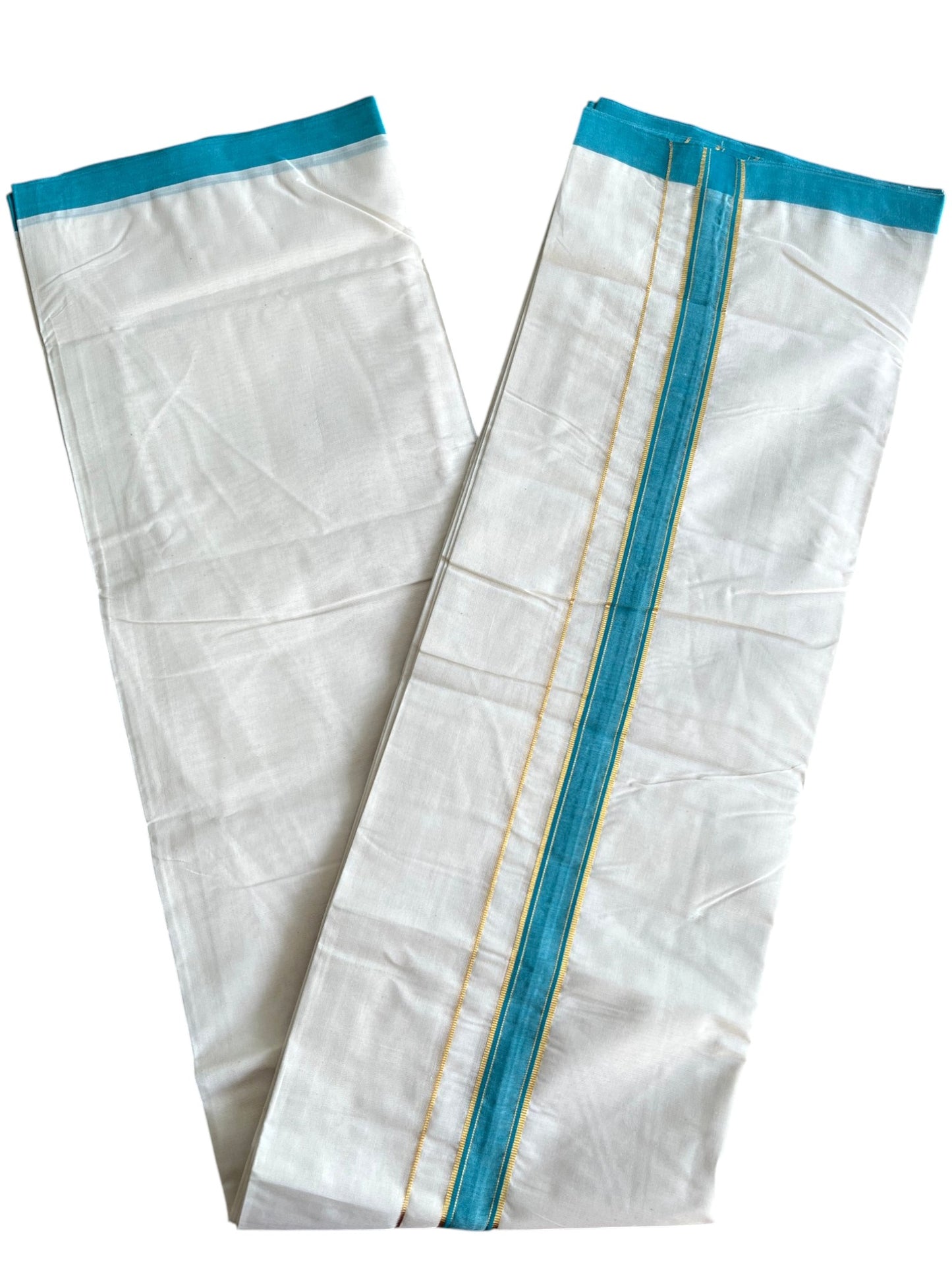Southloom Pure Cotton Mundu with Golden Lines and Blue Border (South Indian Kerala Dhoti)