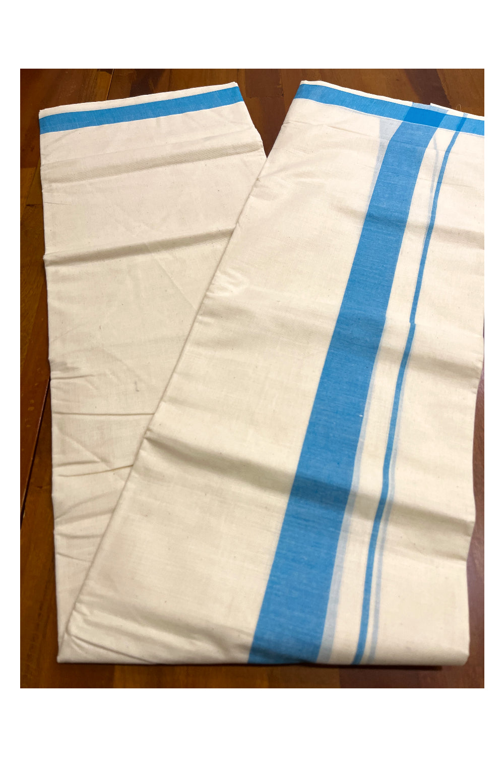 Kerala Pure Cotton Double Mundu with Blue Kara (South Indian Kerala Dhoti)