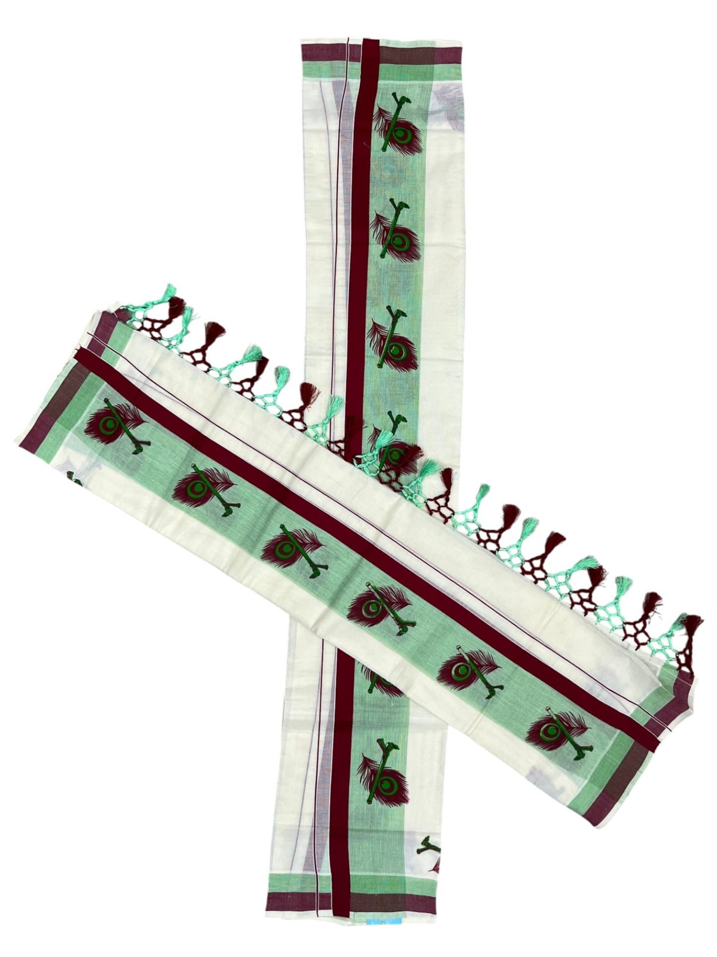 Southloom Cotton Single Set Mundu (Mundu Neriyathum) With Mural Print Green And Maroon Border Kasavu in 2.80 Mtrs With Tussles