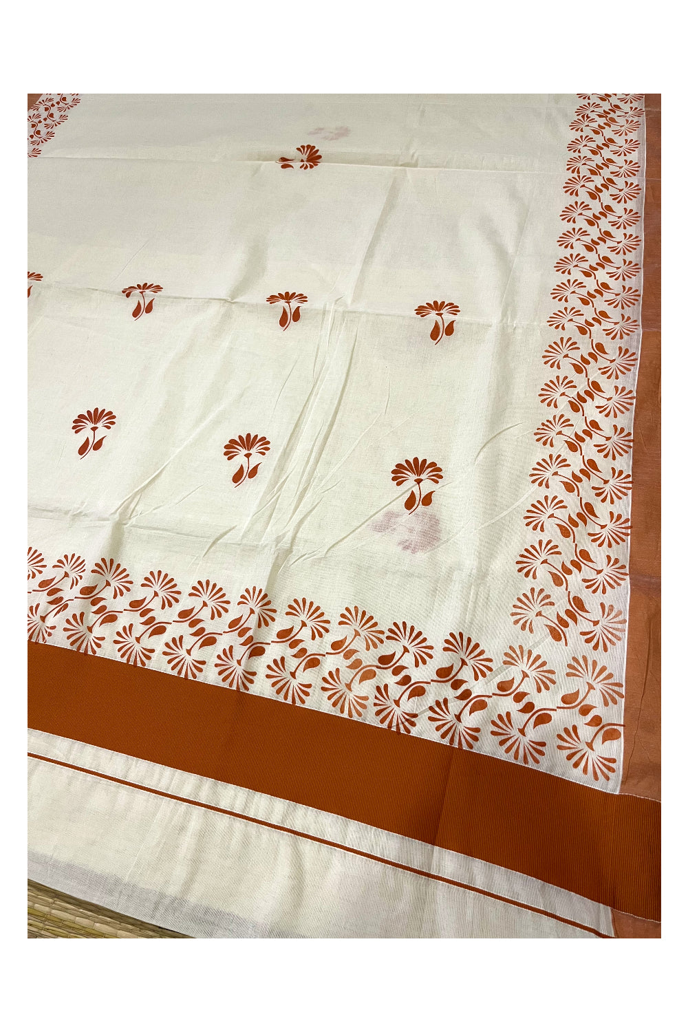 Kerala Pure Cotton Saree with Orange Block Prints on Border