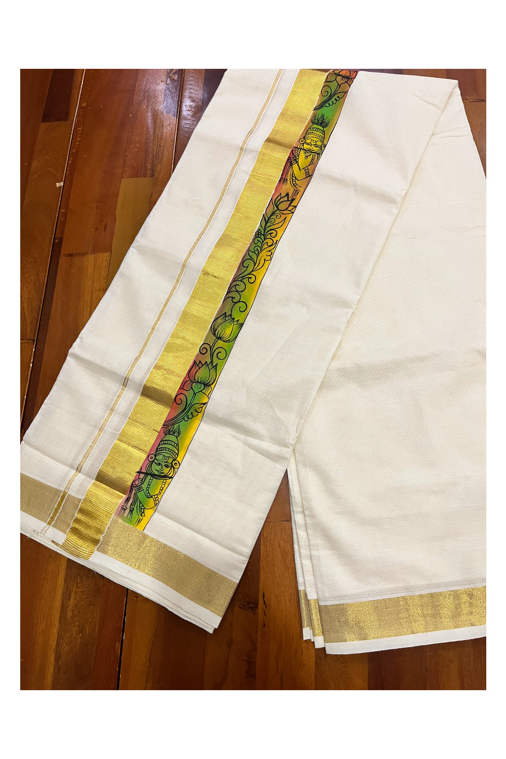 Kerala Pure Cotton Double Mundu with Mural Painted Design on Kasavu Border (South Indian Kerala Dhoti)