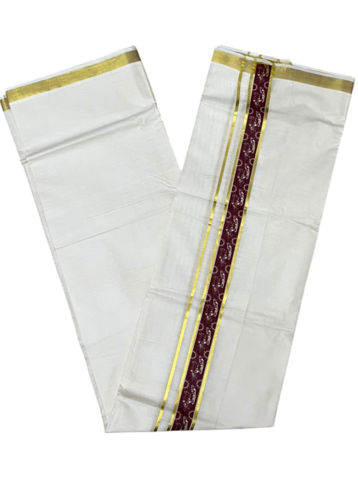 Southloom Pure Cotton Double Mundu with Maroon Block Printed And Ksavu Border (South Indian Kerala Dhoti)