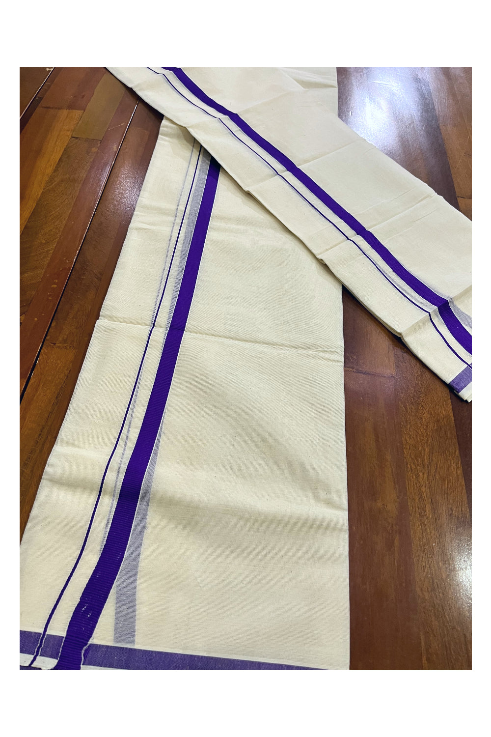 Kerala Cotton Plain Mundum Neriyathum Single (Set Mundu) with 0.5 inch Violet Border