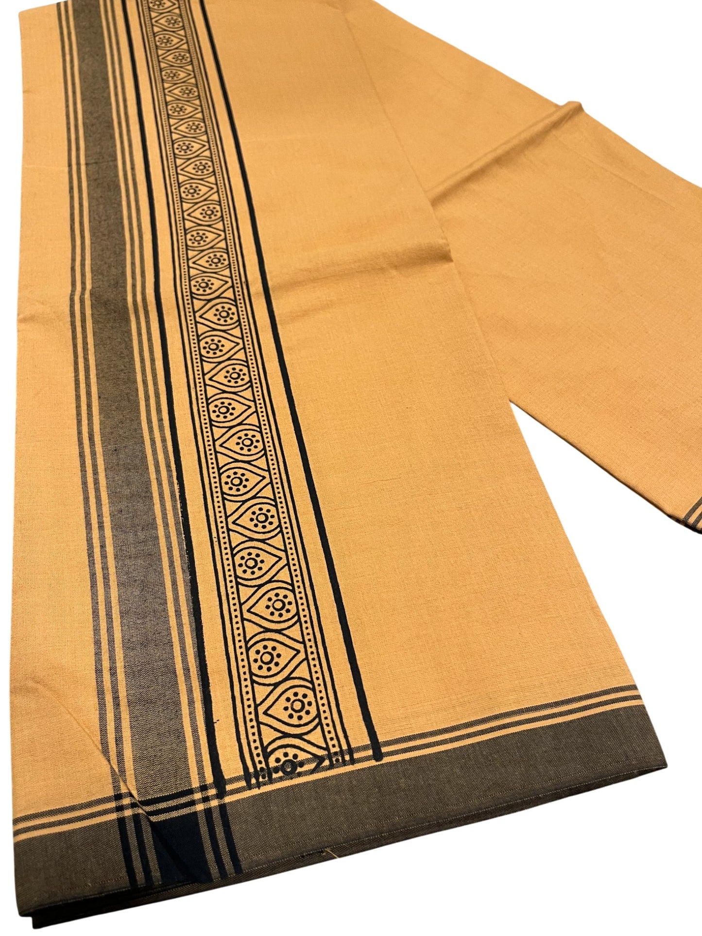 Southloom Saffron (Kaavi) Black Printed Single Mundu / Lungi (South Indian Kerala Dhoti)