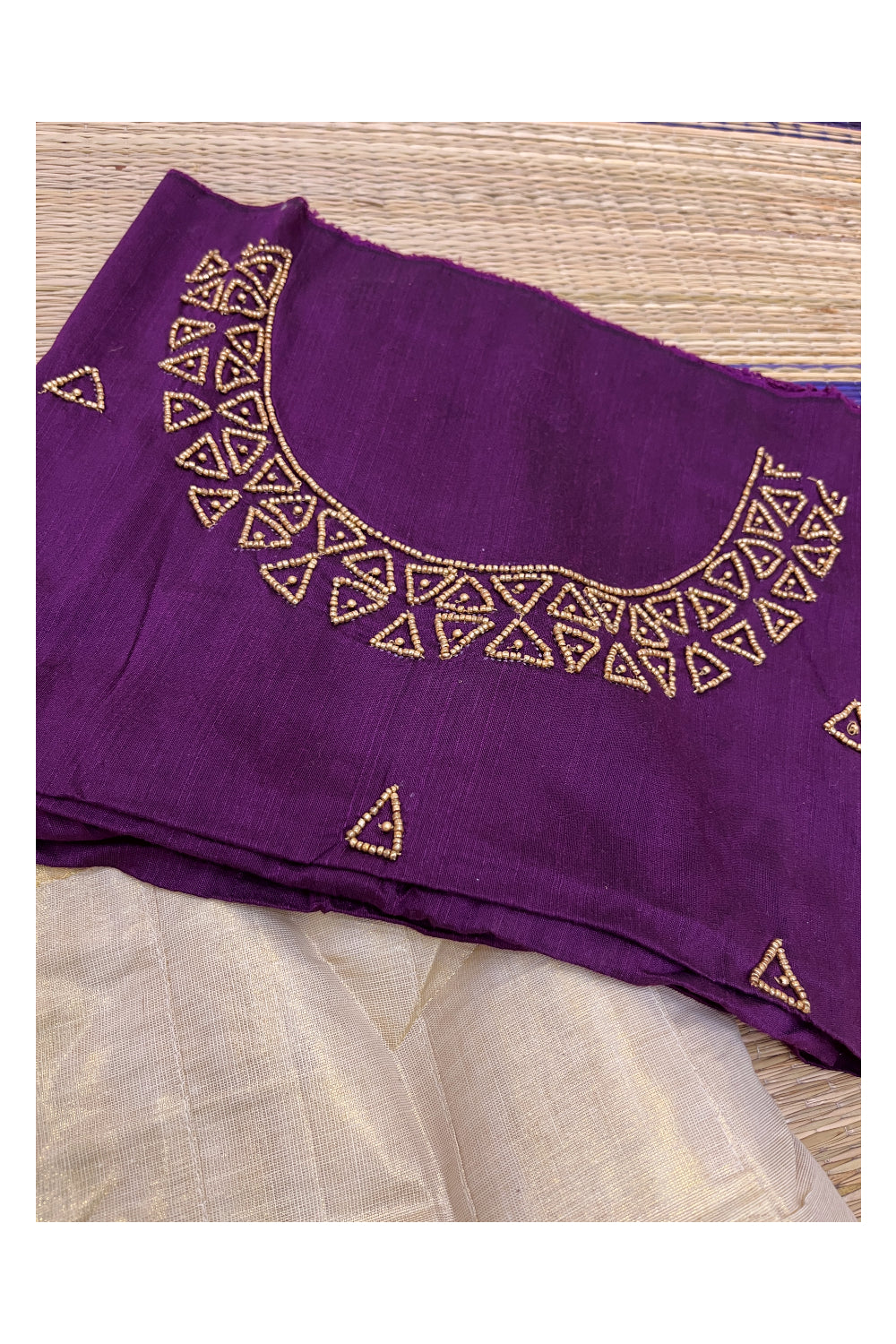 Semi Stitched Pavada Blouse with Tissue and Purple Bead Works