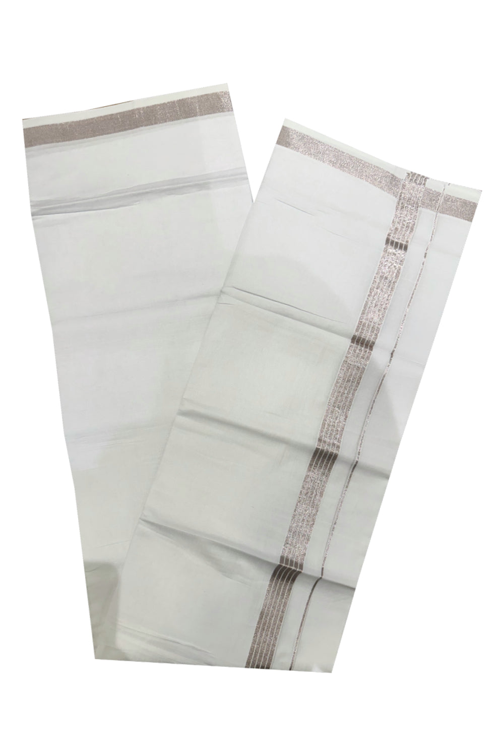 Pure White Cotton Double Mundu with Rose Copper Kasavu Lines Border (South Indian Kerala Dhoti)