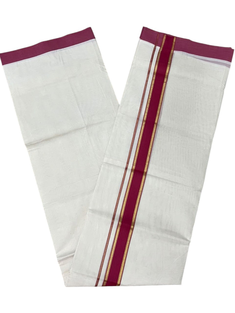 Southloom Pure Cotton Mundu with Siver Lines and Magenta Border (South Indian Kerala Dhoti)