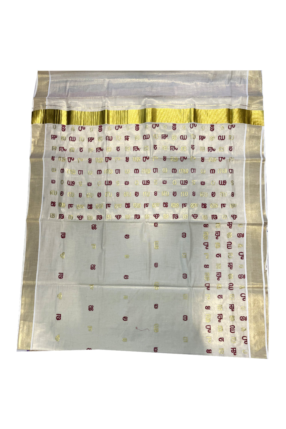 Southloom Kerala Tissue Kasavu Saree with Red and Gold Malayalam Aksharamala Embroidery Work on Body