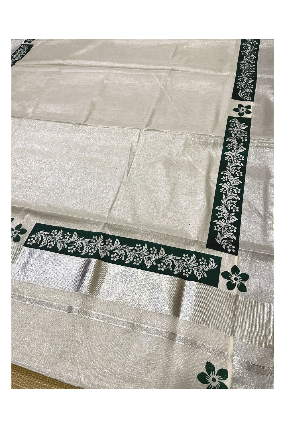 Kerala Silver Tissue Kasavu Saree with Green Floral Block Prints and Silver Border