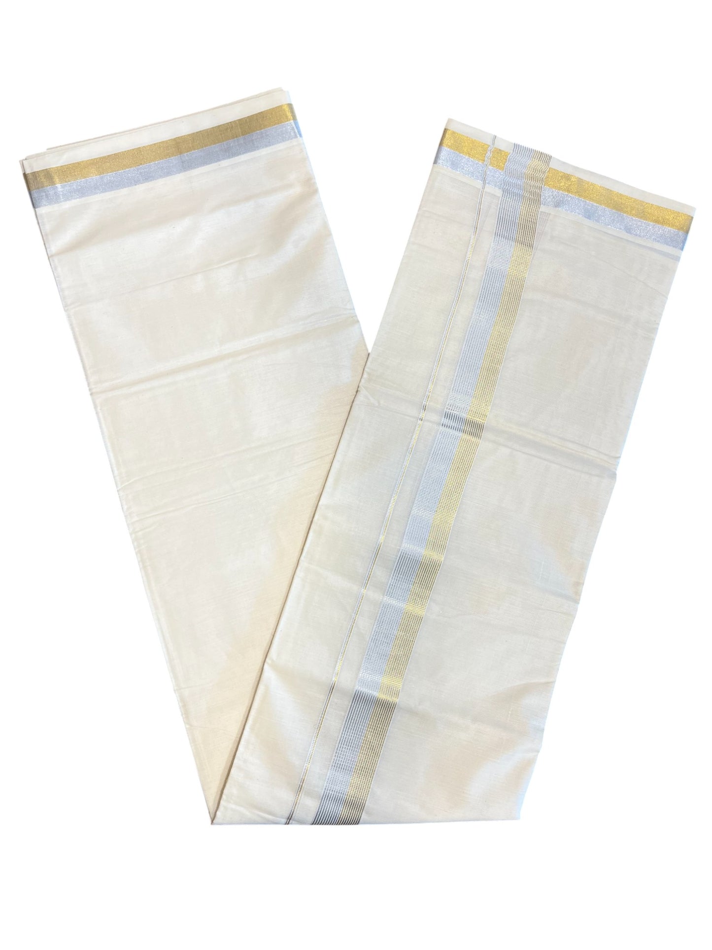Southloom Kerala Pure Cotton Double Mundu with Gold & Silver Border (South Indian Dhoti)
