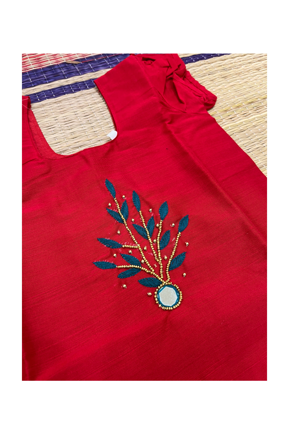 Southloom Kerala Pavada Blouse in Red with Bead Work Designs (Age - 5 Years)