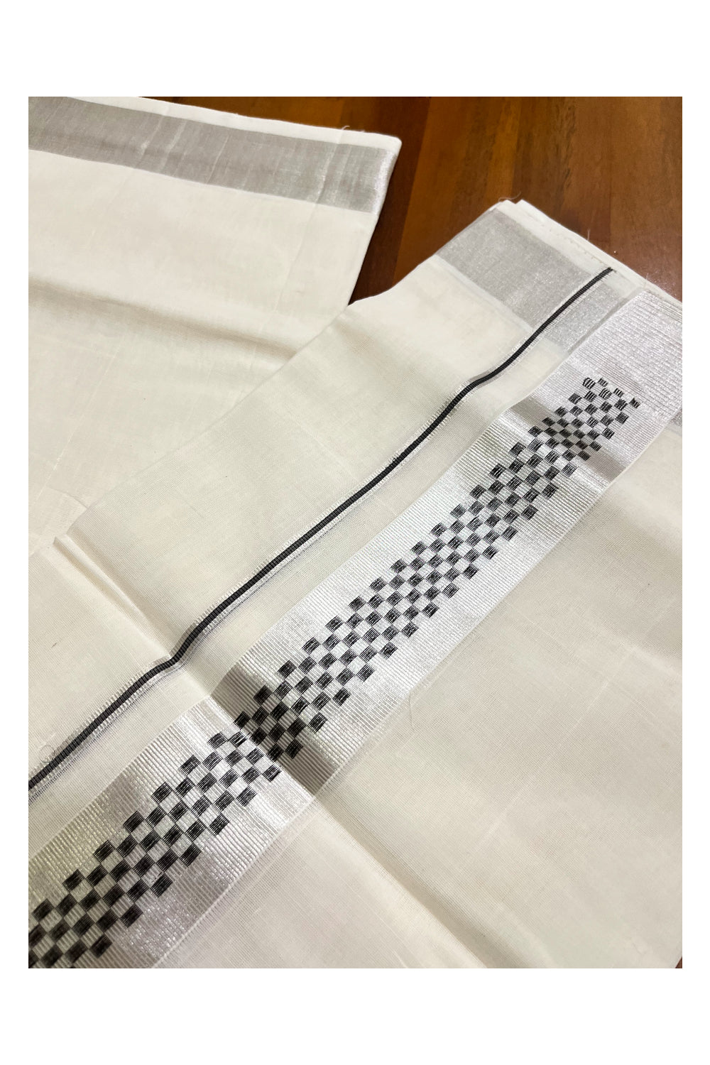 Southloom Premium Handloom Pure Cotton Mundu with Silver and Black Kasavu Woven Border