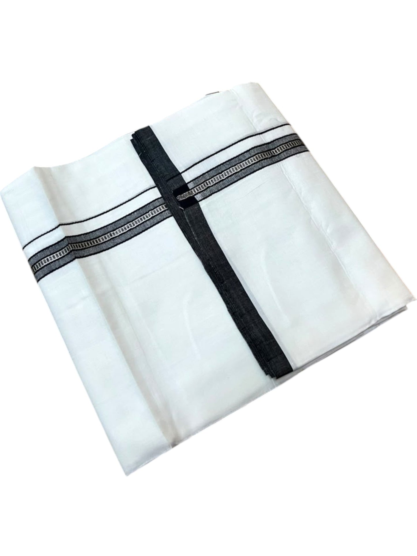 Southloom Pure White Cotton Mundu with Black & Silver Line Border (South Indian Kerala Dhoti)