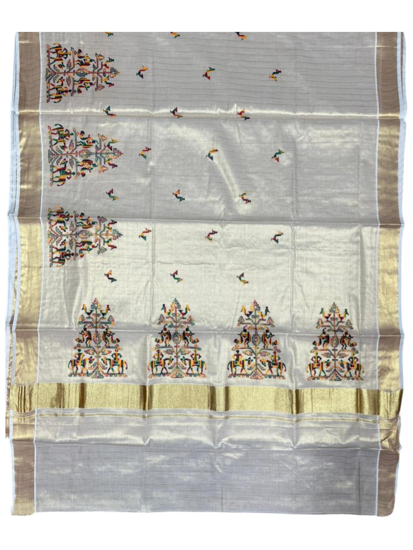 Southloom Tissue Kerala Kasavu Lines Saree with Kantha Embroidery Work on Body