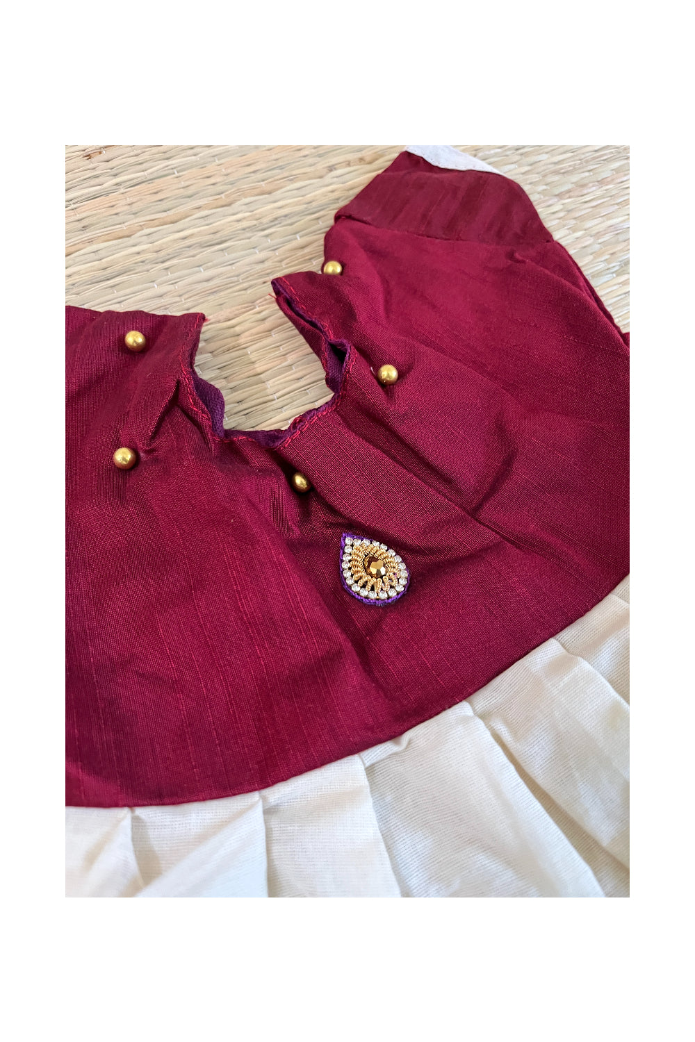 Southloom Kerala Cotton Frock with Maroon Bead Work Designs for Kids (Six Months)