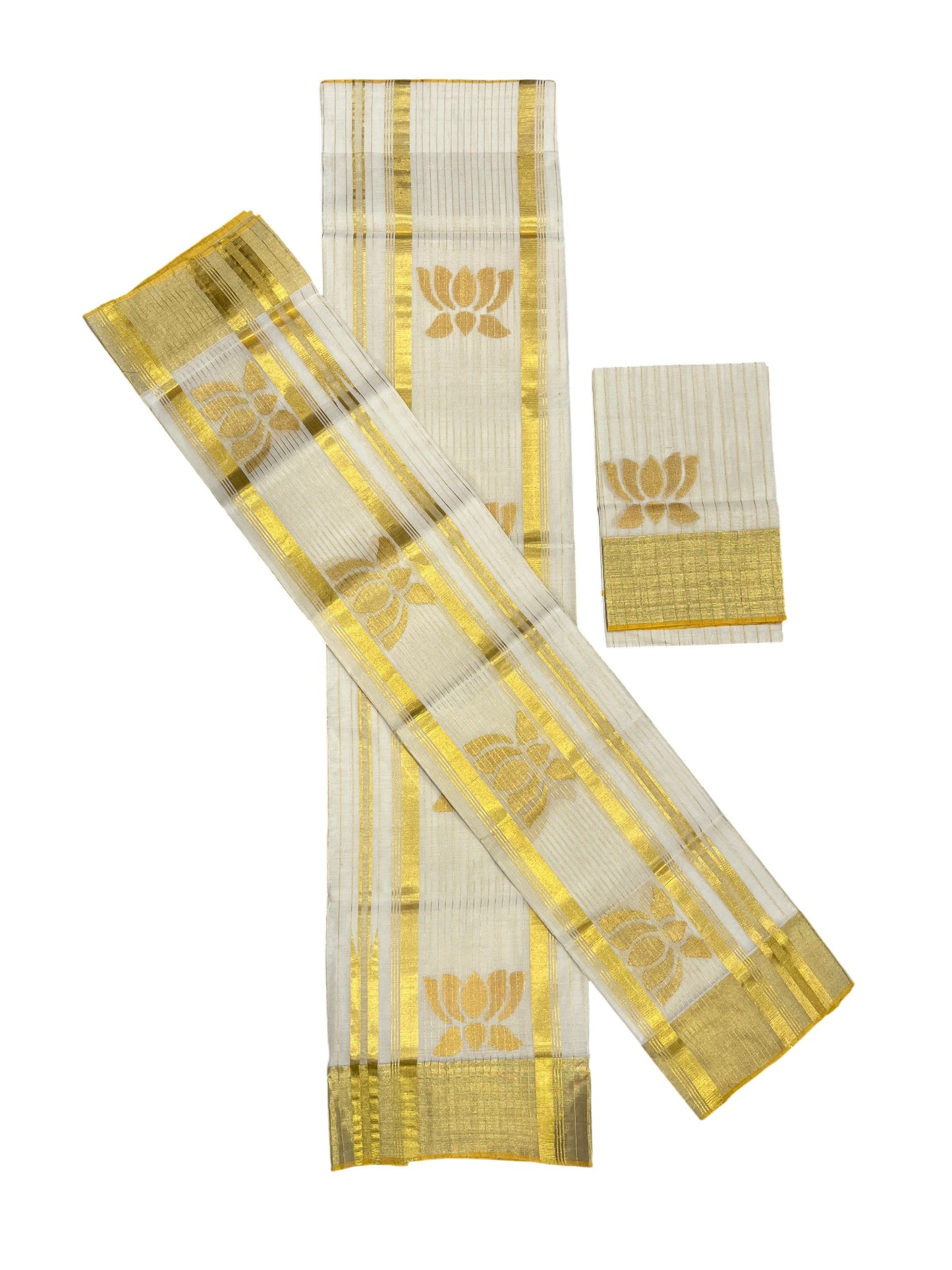 Southloom Super Premium Balaramapuram Handloom Pure Cotton Unakkupaavu Lotus Design Wedding Pudava Set Mundu