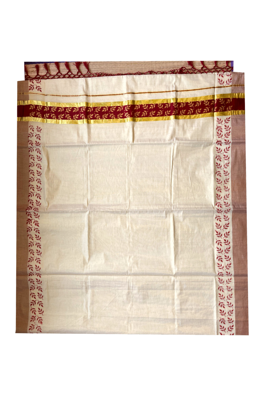 Kerala Tissue Kasavu Saree with Golden and Maroon Block Prints on Border and Tassels Works