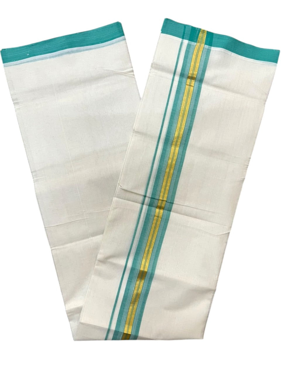 Southloom Balaramapuram Unakkupaavu Premium Handloom Cotton Double Mundu with Gold Kasavu and Turquoise Border