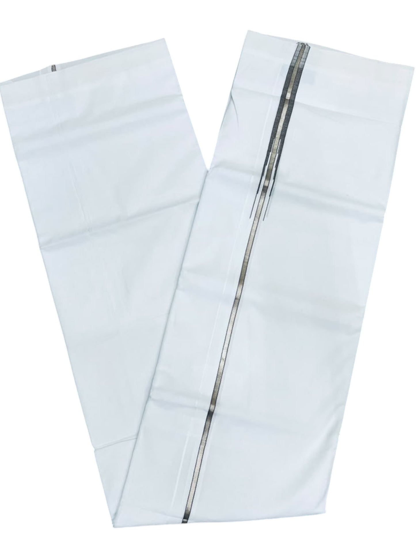 Southloom Pure White Cotton Double Mundu with Silver and Black Chutti Kara (South Indian Dhoti)