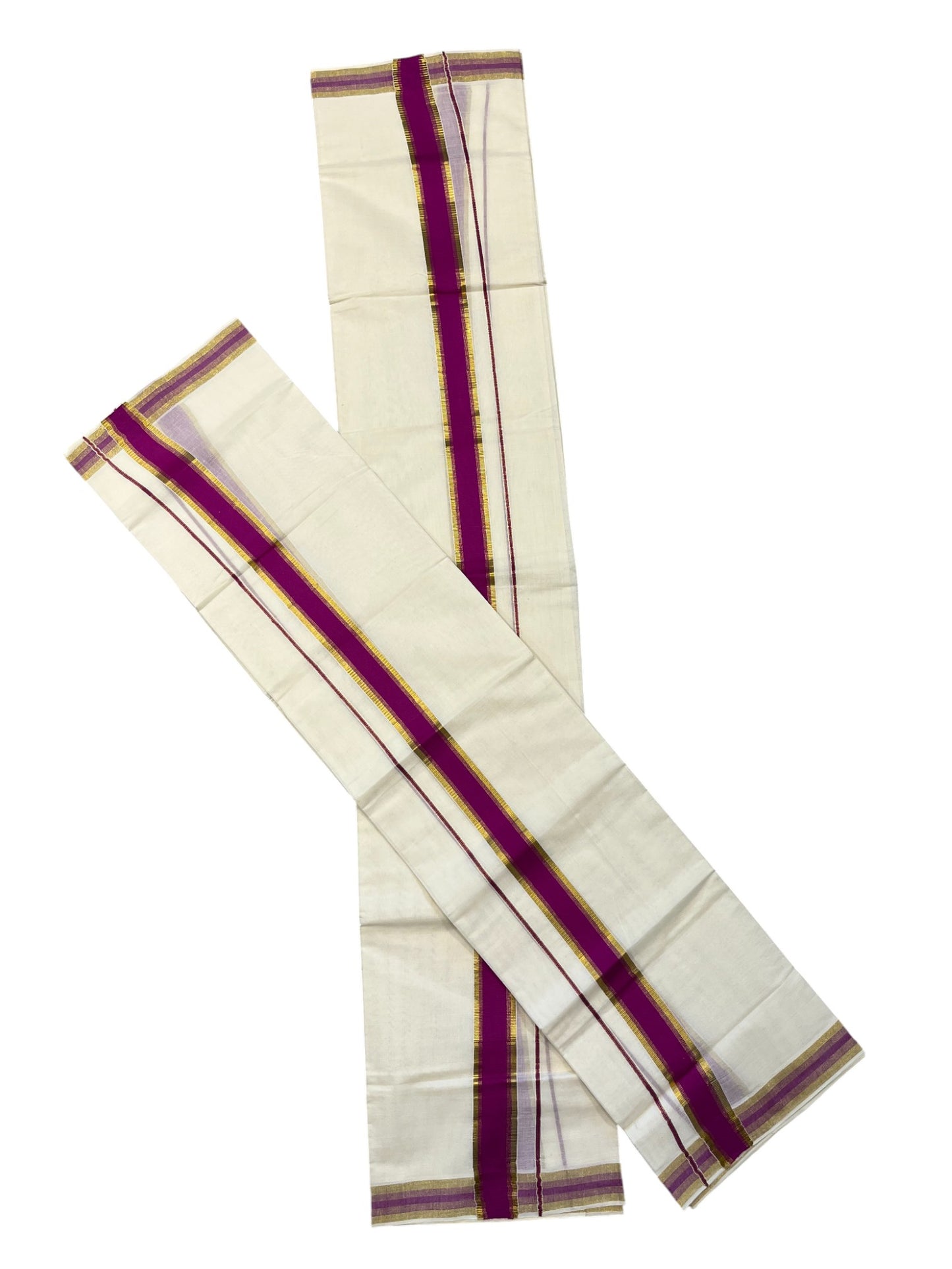 Kerala Cotton Set Mundu (Mundum Neriyathum) with Kasavu and Magentha Border