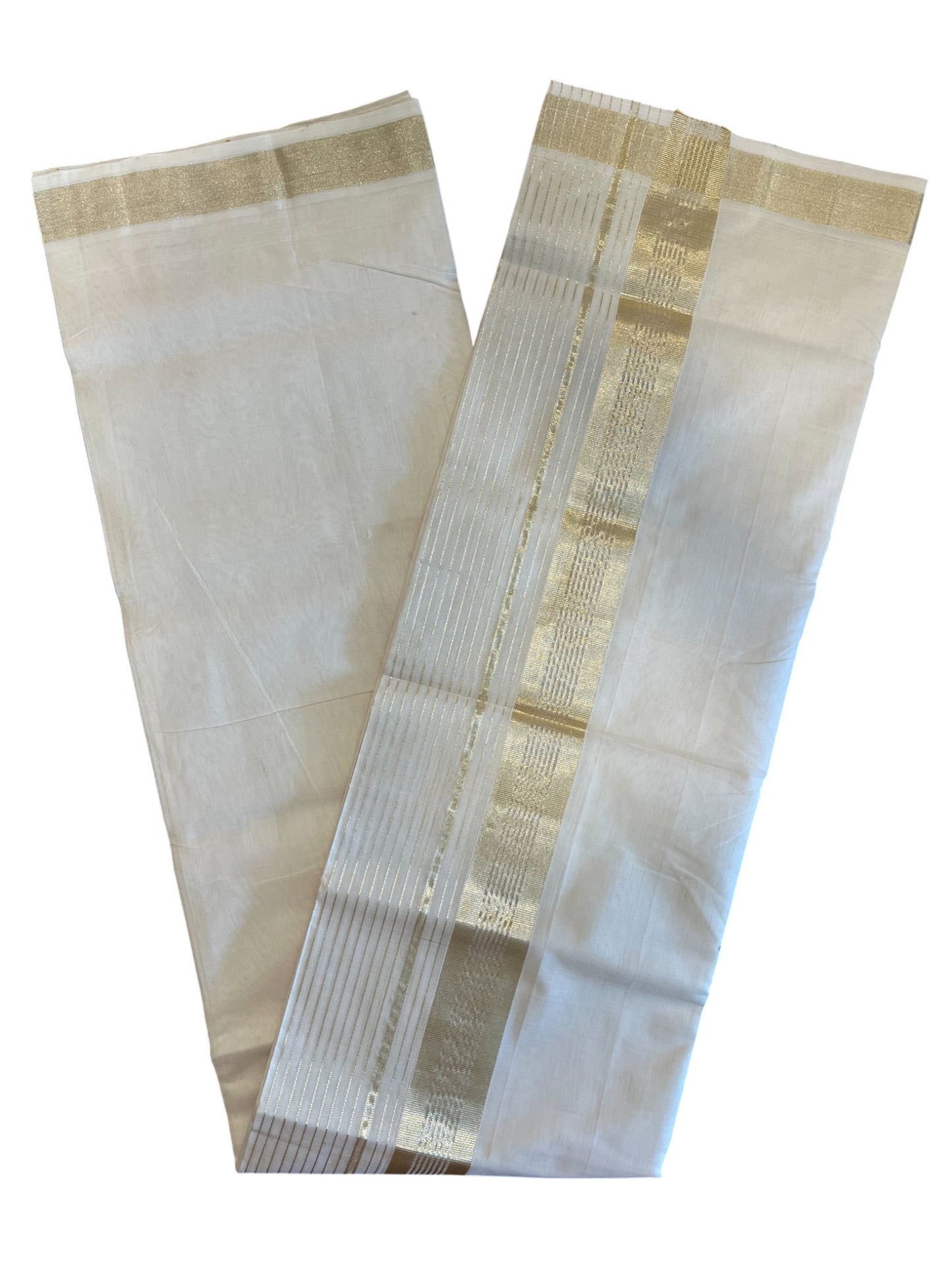 Southloom Premium Handloom Cotton Gold Kasavu Double Mundu with Stripes on Kara