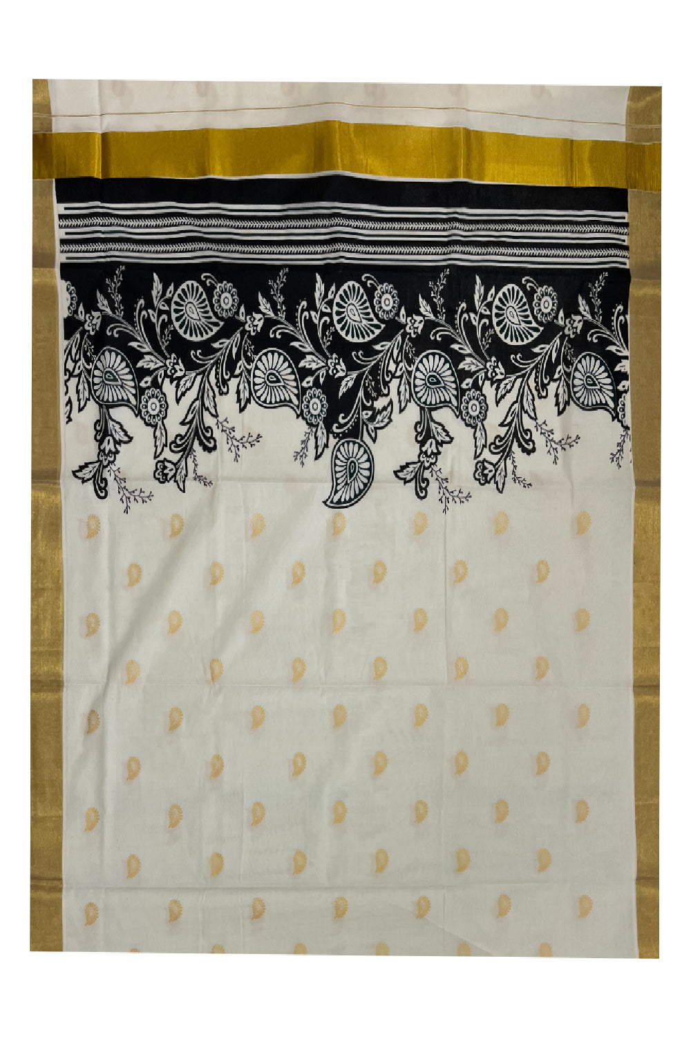 Kerala Cotton Saree with Black Block Prints on Pallu and Golden Block Prints on Body