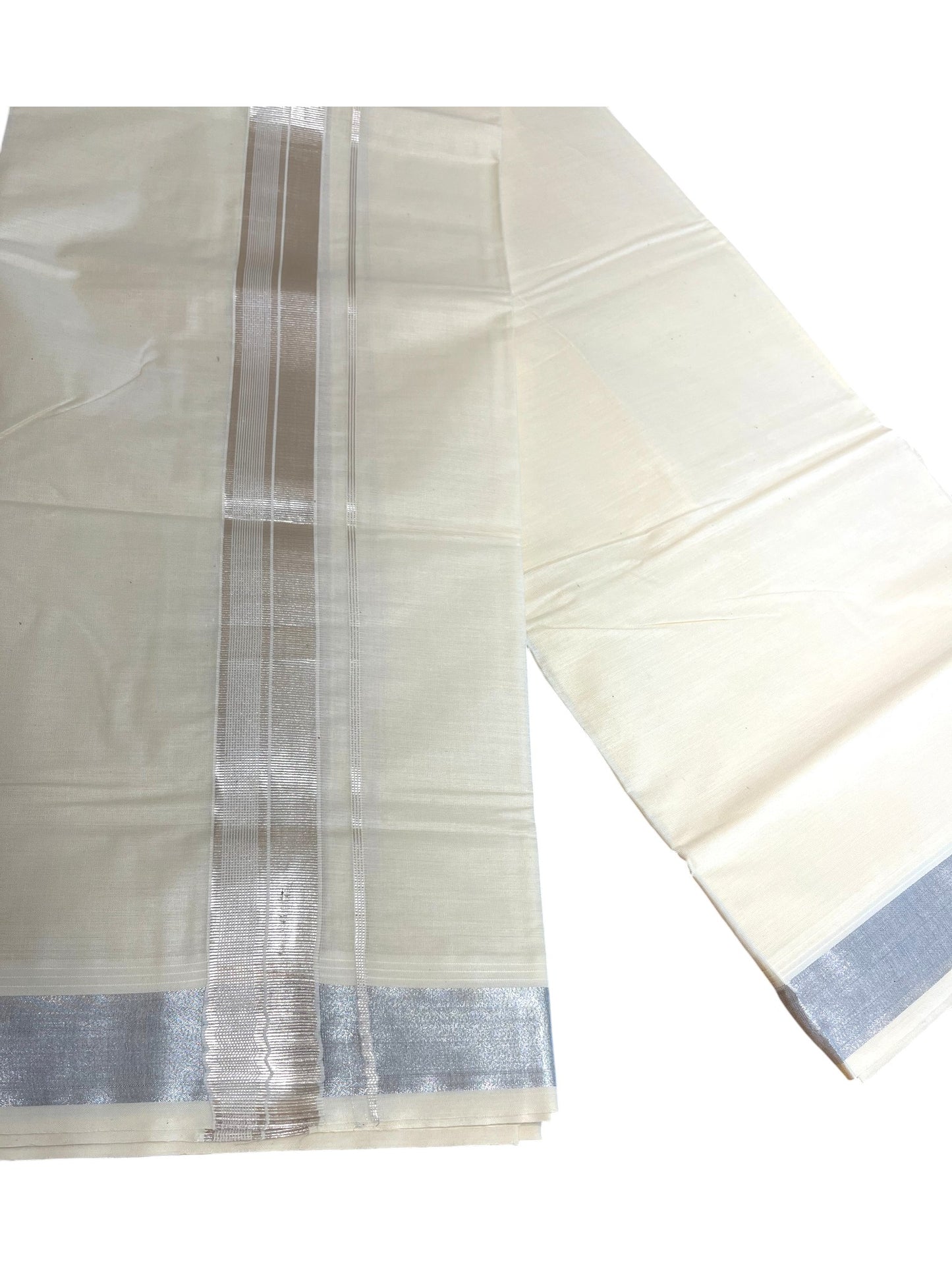 Kerala Cotton Double Mundu with Silver Border  (South Indian Dhoti)