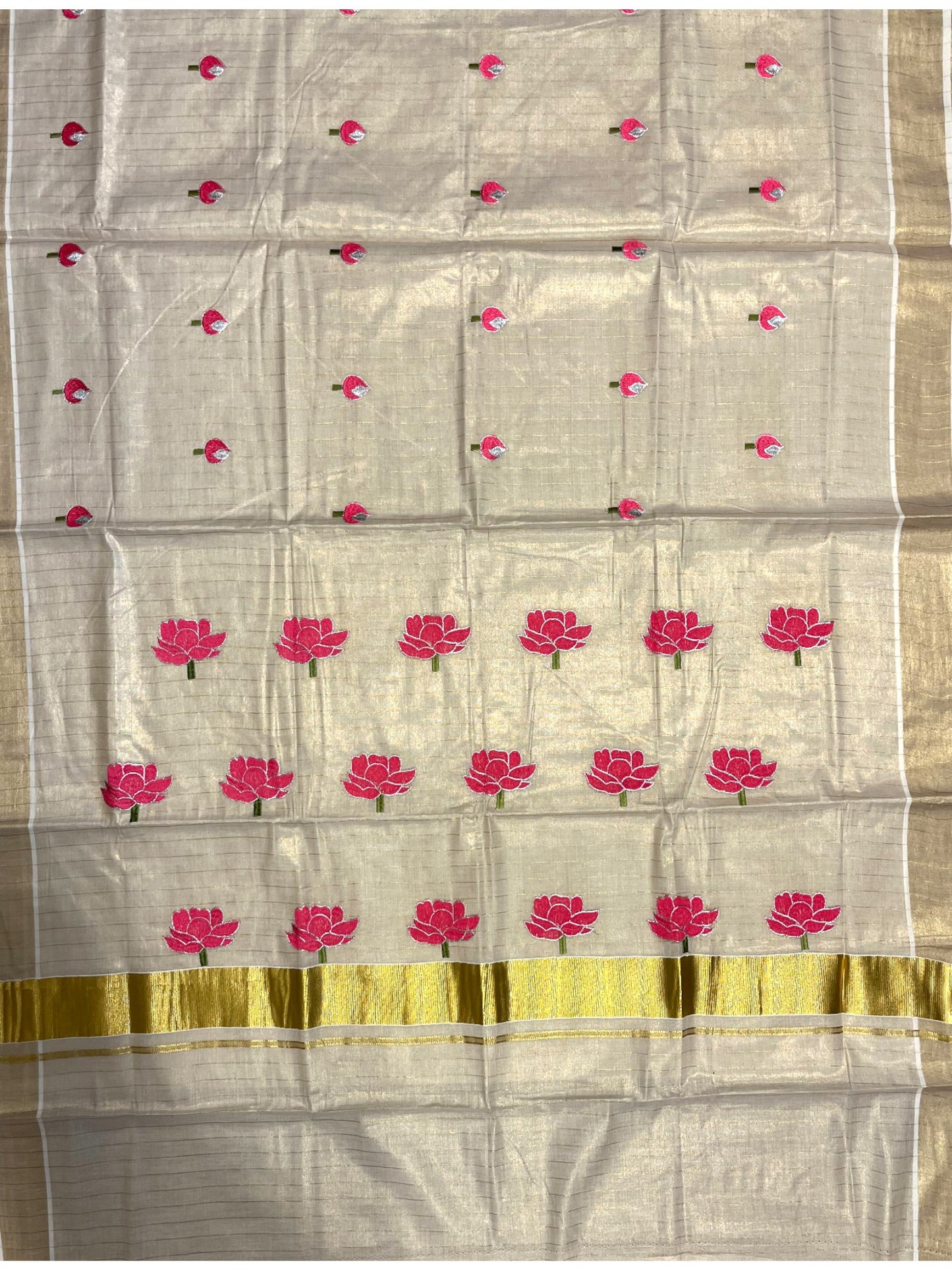 Southloom Tissue Kerala Kasavu Saree with Lotus Embroidery Design