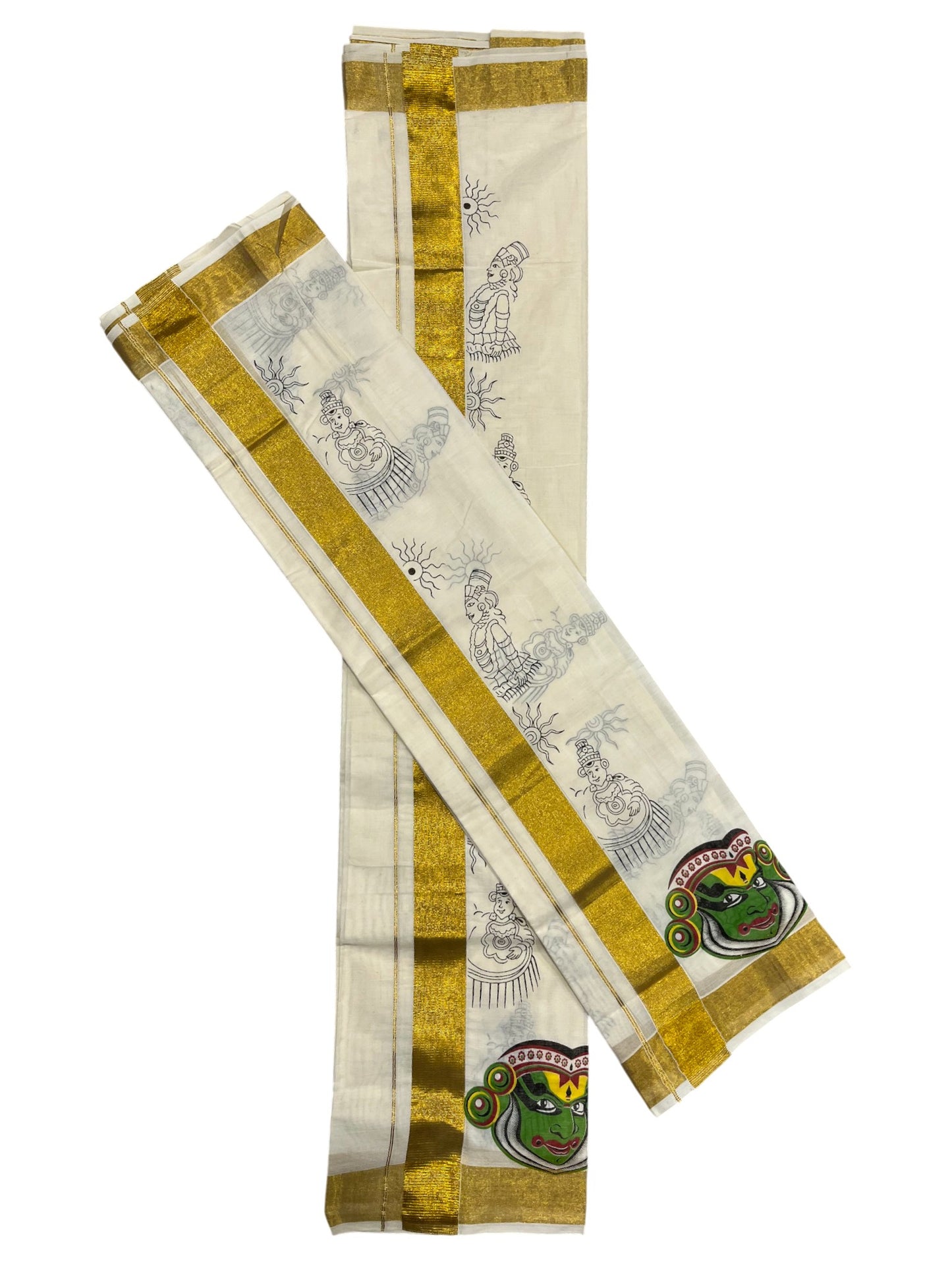 Southloom Kerala Cotton Set Mundu (Mundum Neriyathum) with Kadhakali Printed Design