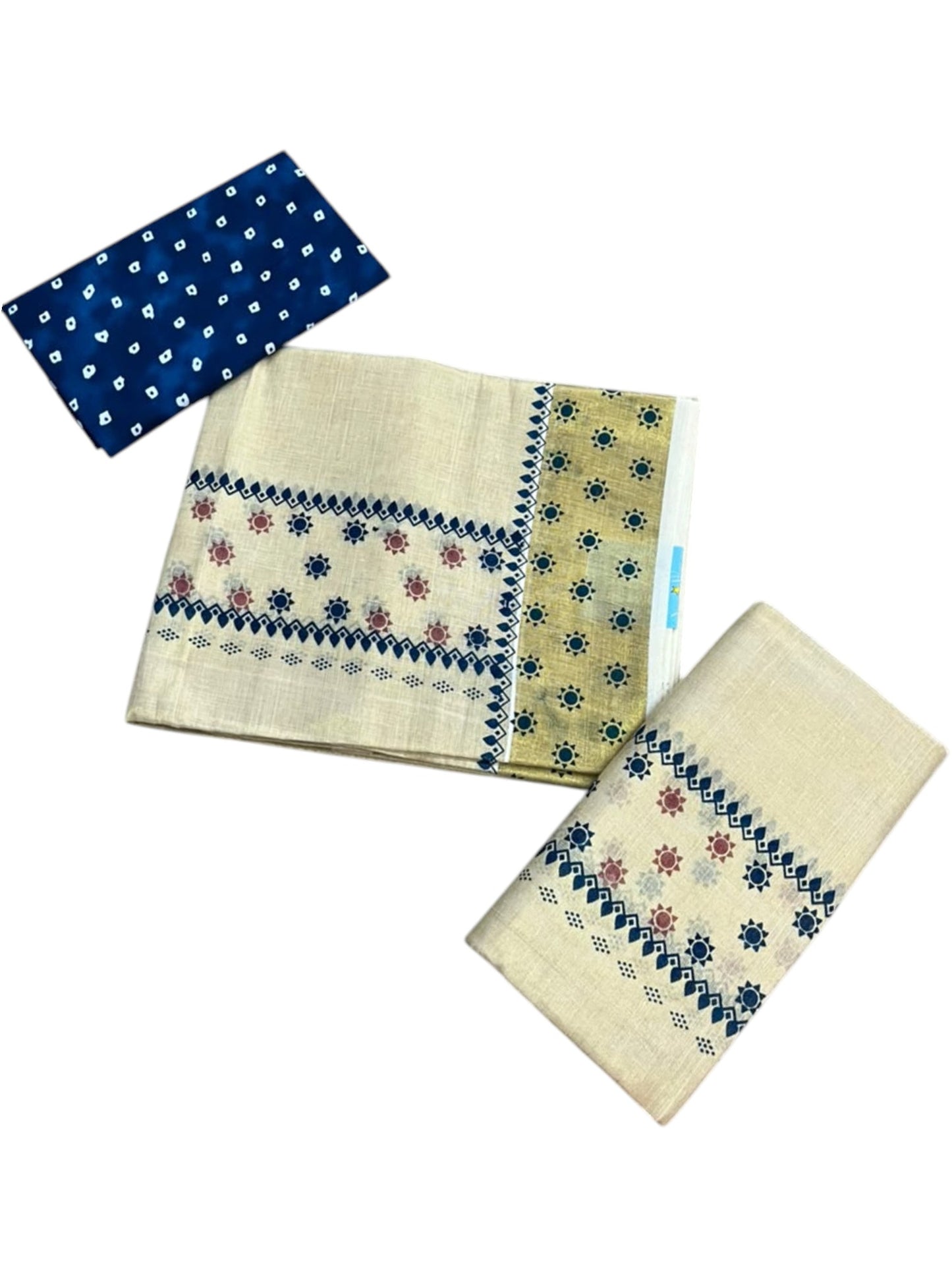 Southloom Kerala Tissue Set Mundu (Mundum Neriyathum) with Blue & Brown Floral Prints on Border-2.80Mtrs SL625