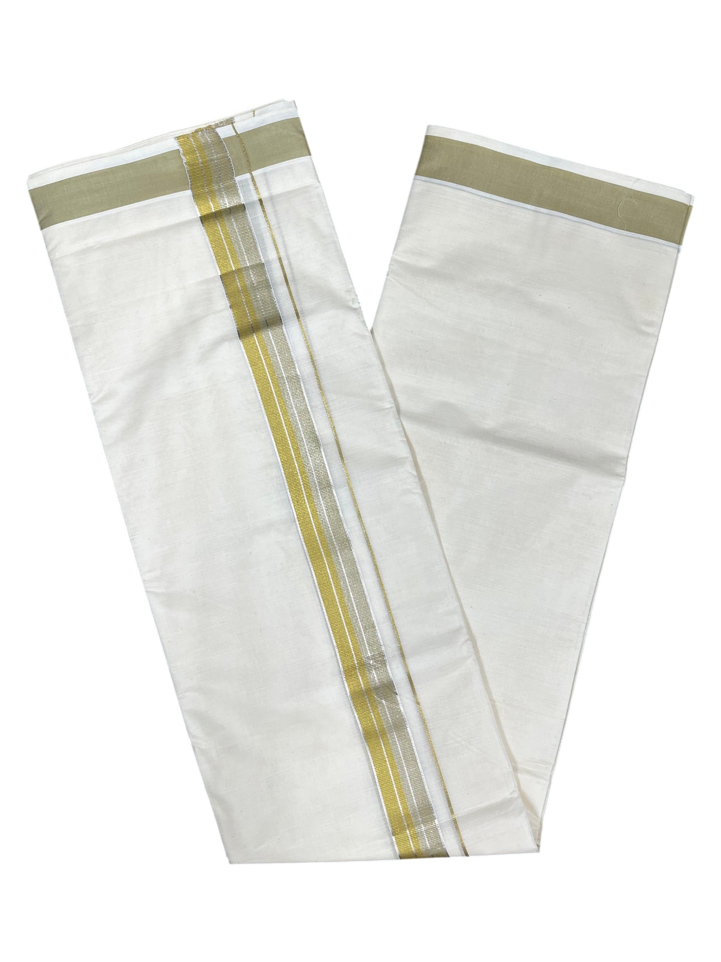 Southloom Pure Cotton Mundu with Silver Lines and Olive Green &Yellow Border (South Indian Kerala Dhoti)