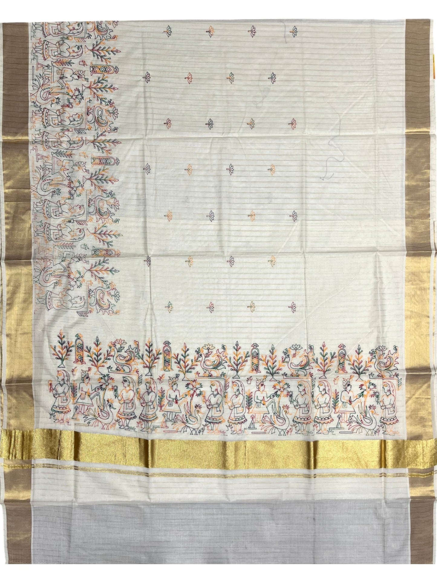 Southloom Cotton Kerala Kasavu Lines Saree with Kantha Embroidery Work on Body SL322